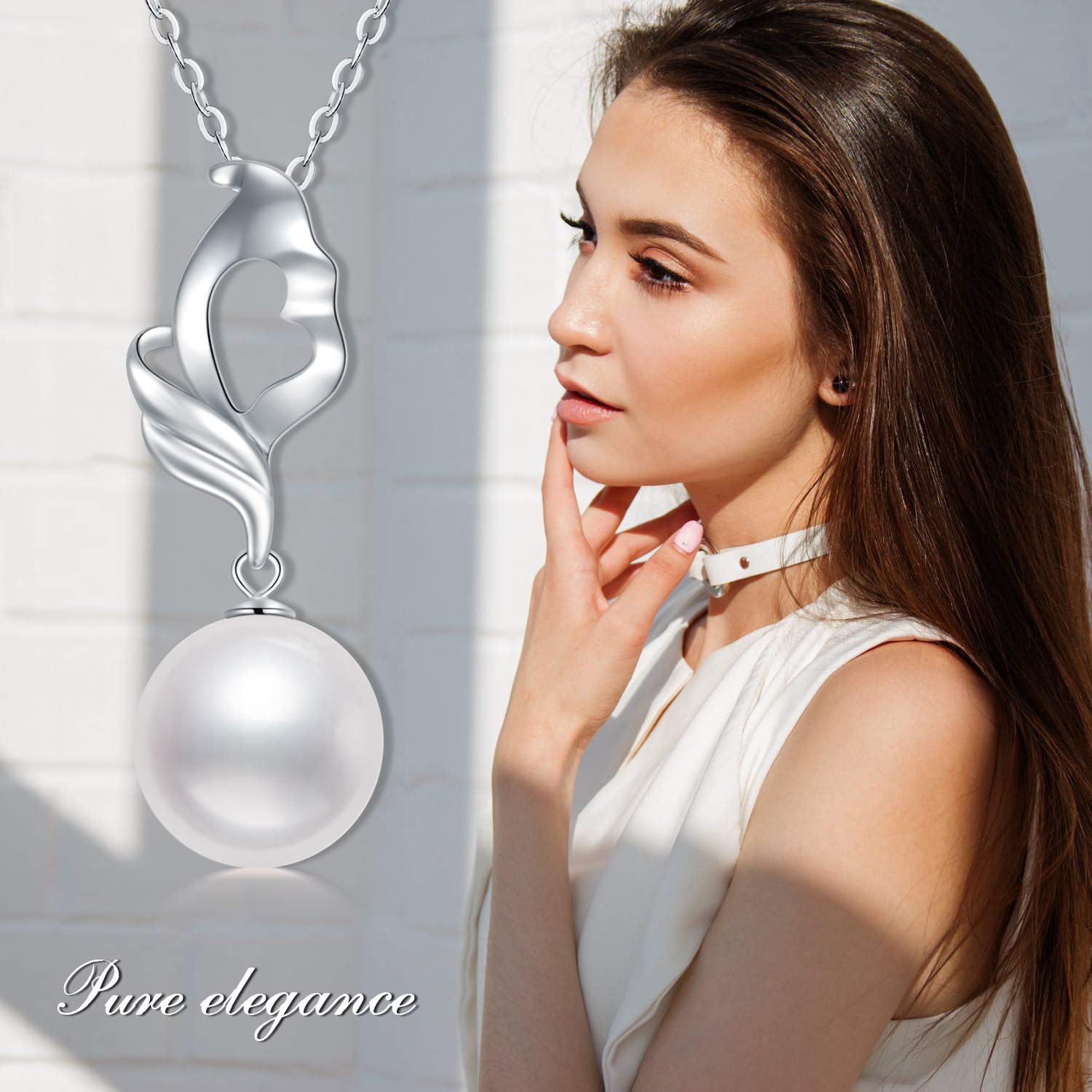 14K Solid Gold Pearl Necklace for Women - Elegant White Gold Heart Wave Pendant, Valentine's Day Jewelry Gift for Her, Mom, Wife - Perfect for Birthday, Anniversary & Special Occasions (16
