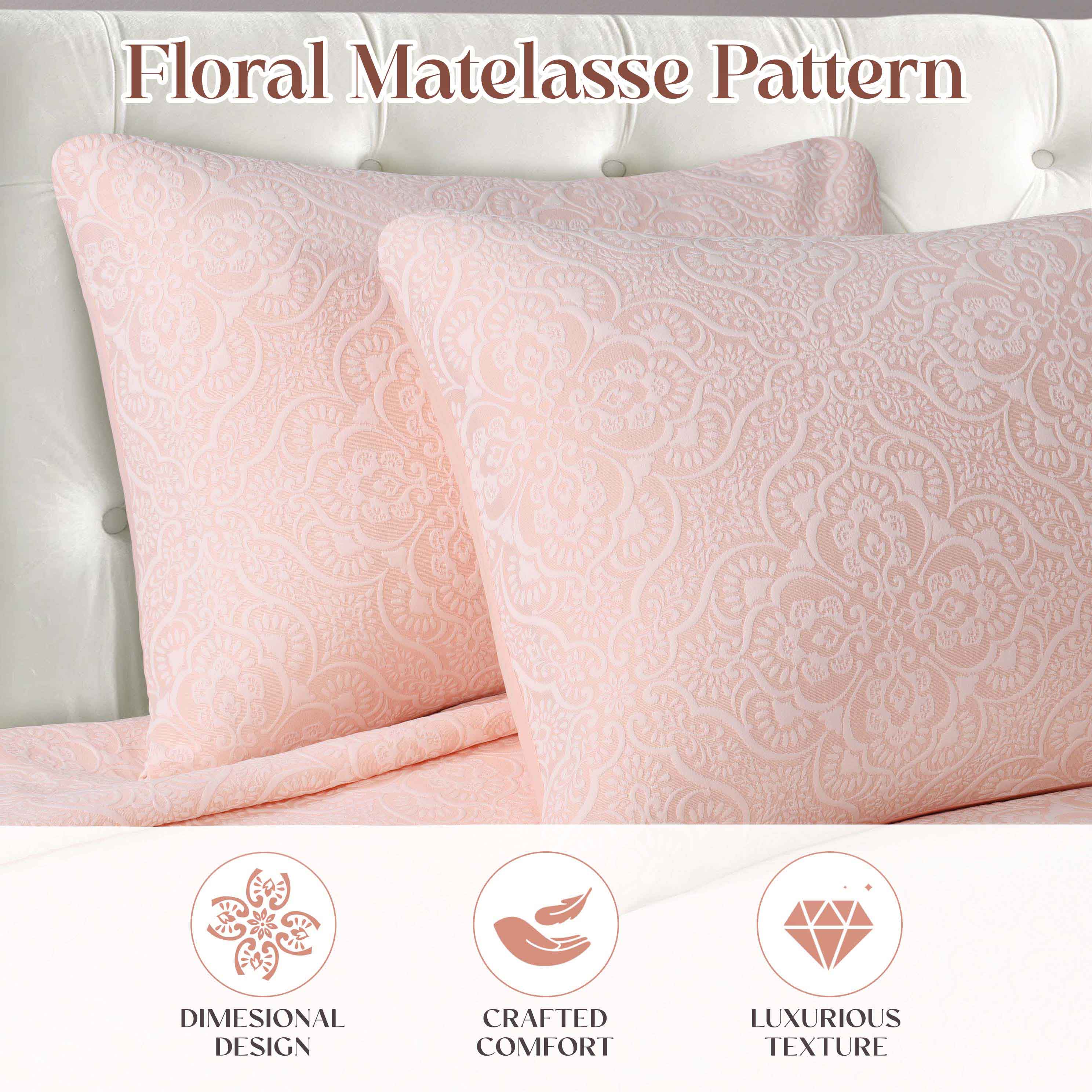 Enzy Medium Weight Floral Matelasse Bedspread & Sham Set - Queen Size Luxury Bedding for Master Bedroom, Guest Room & Hotel Decor
