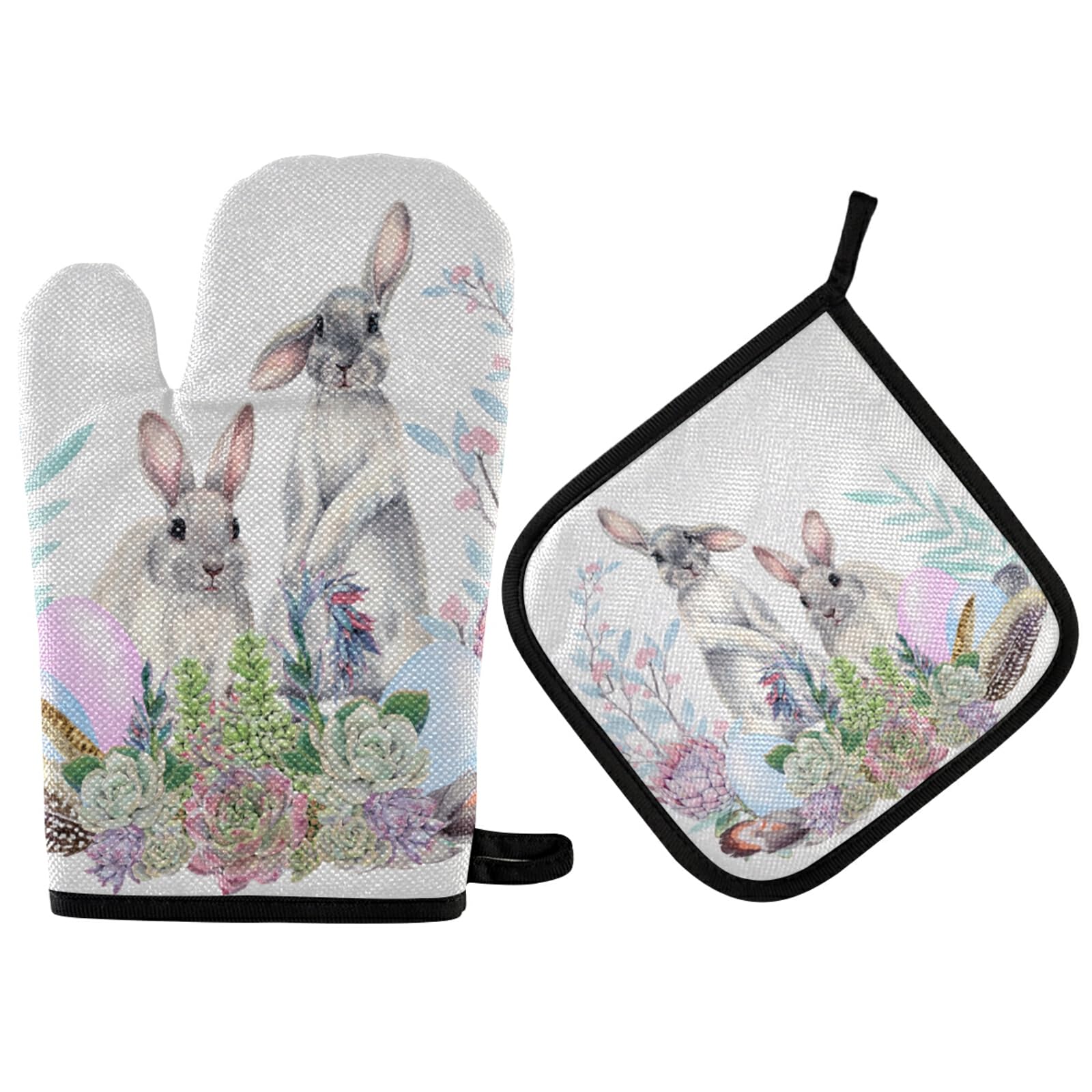 Aflyko Easter Spring Oven Mitt and Pot Holder Set - Bunny Succulent Corn Easter Egg Design, Heat Resistant Kitchen Gloves for Baking, Grilling, BBQ - Perfect Holiday Gift for Home Cooks & Party Hosts (Great for Easter Celebrations, Spring Gatherings & Festive Cooking)