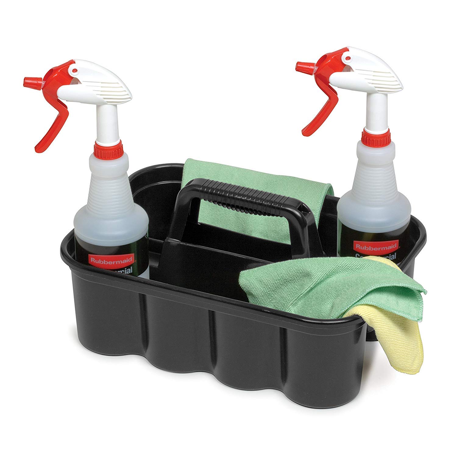 Rubbermaid Commercial Deluxe Cleaning Caddy - 6 Pack, Black - Organize Wipes, Spray Bottles, Brushes, Dustpans & Gloves - Perfect for Janitorial, Housekeeping & Home Cleaning Supplies Storage