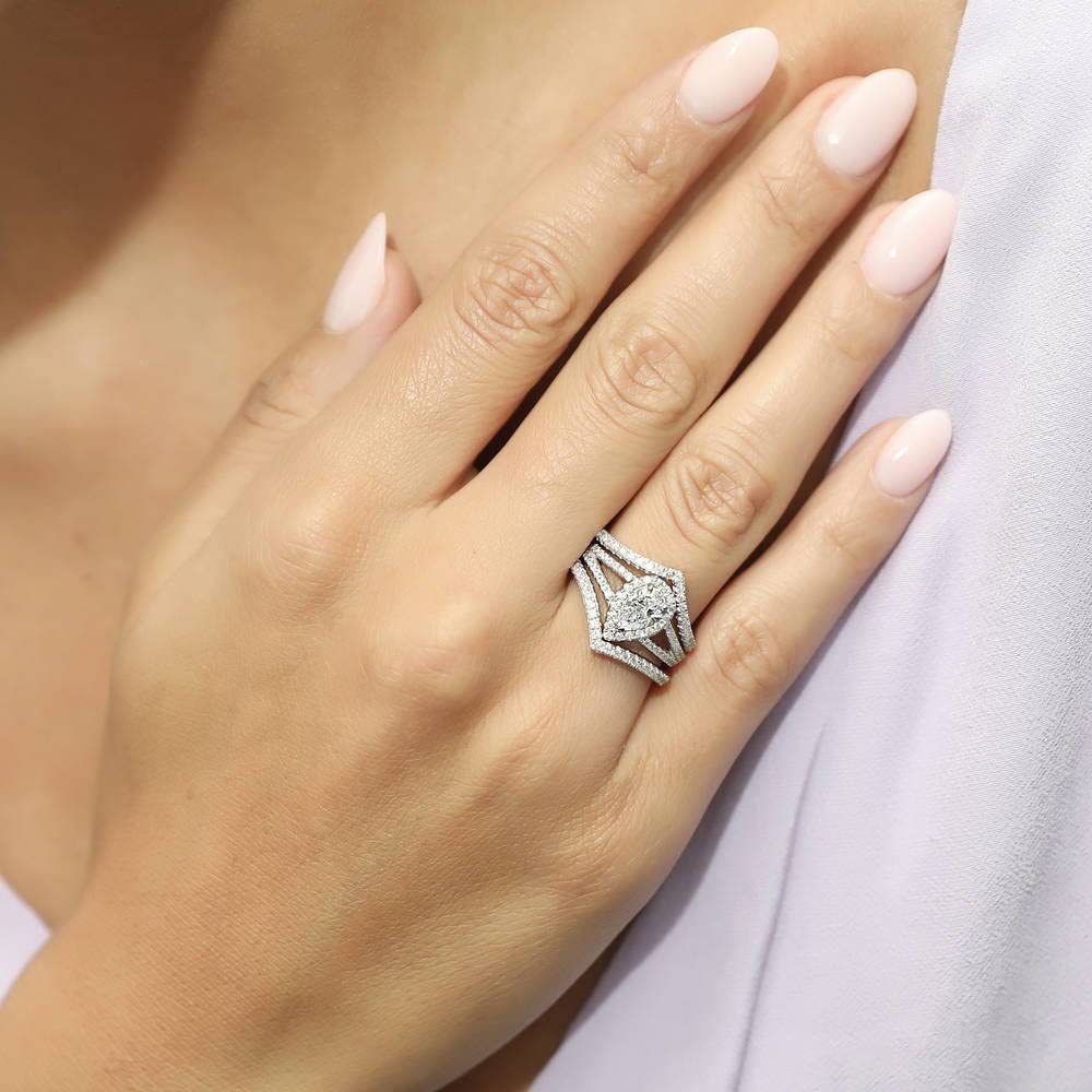 Sterling Silver Pear Cut Cubic Zirconia Halo Engagement Ring Set for Women - Rhodium Plated Wedding Band, Size 4-10 - Perfect for Proposals, Anniversaries & Bridal Jewelry Gifts