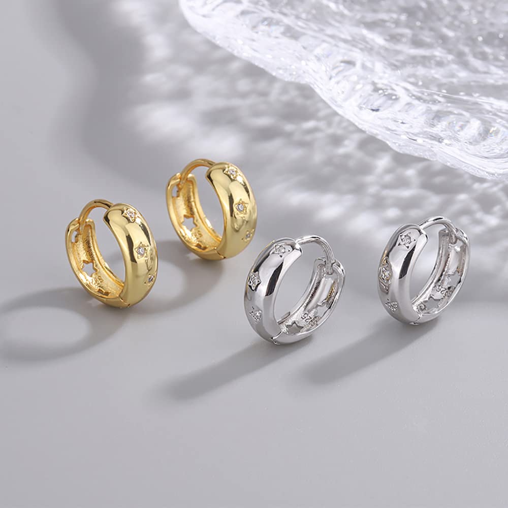 CZ Star Chunky Hoop Earrings - 925 Sterling Silver Hollow Star Huggie Earrings with Crystals | Small Round Hinged Cartilage Hoops for Women & Girls | Perfect for Casual Wear, Parties & Gifts