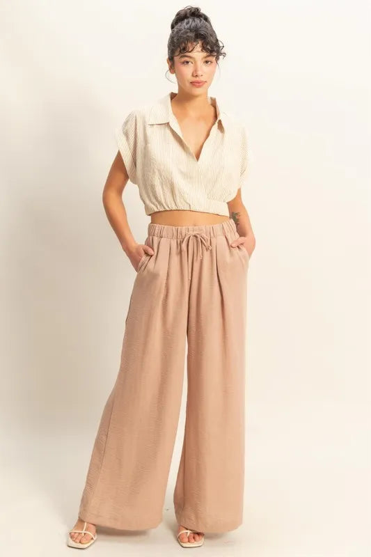 Beige Elastic Waist Wide Leg Pants for Women - Comfortable Stretchy High Waist Palazzo Trousers for Office, Travel & Casual Wear