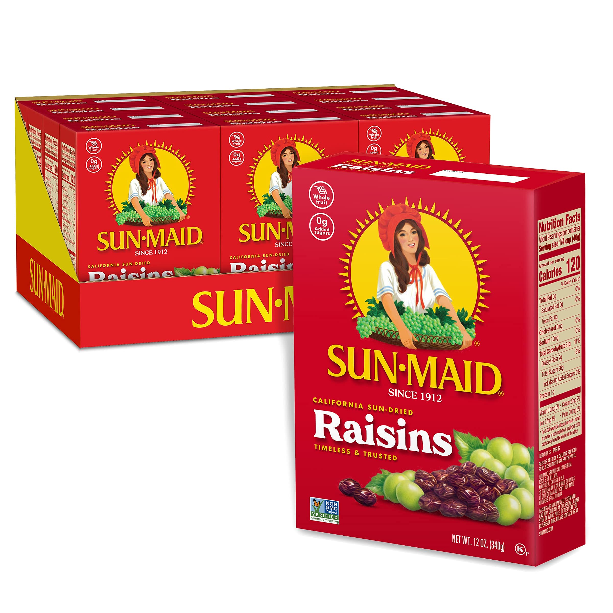 Sun-Maid California Sun-Dried Raisins - 12 Pack (12 oz Each) | Healthy Dried Fruit Snack for Kids & Adults | Perfect for Lunch Boxes, Baking, Trail Mix & Natural Sweetener | Non-GMO, No Added Sugar