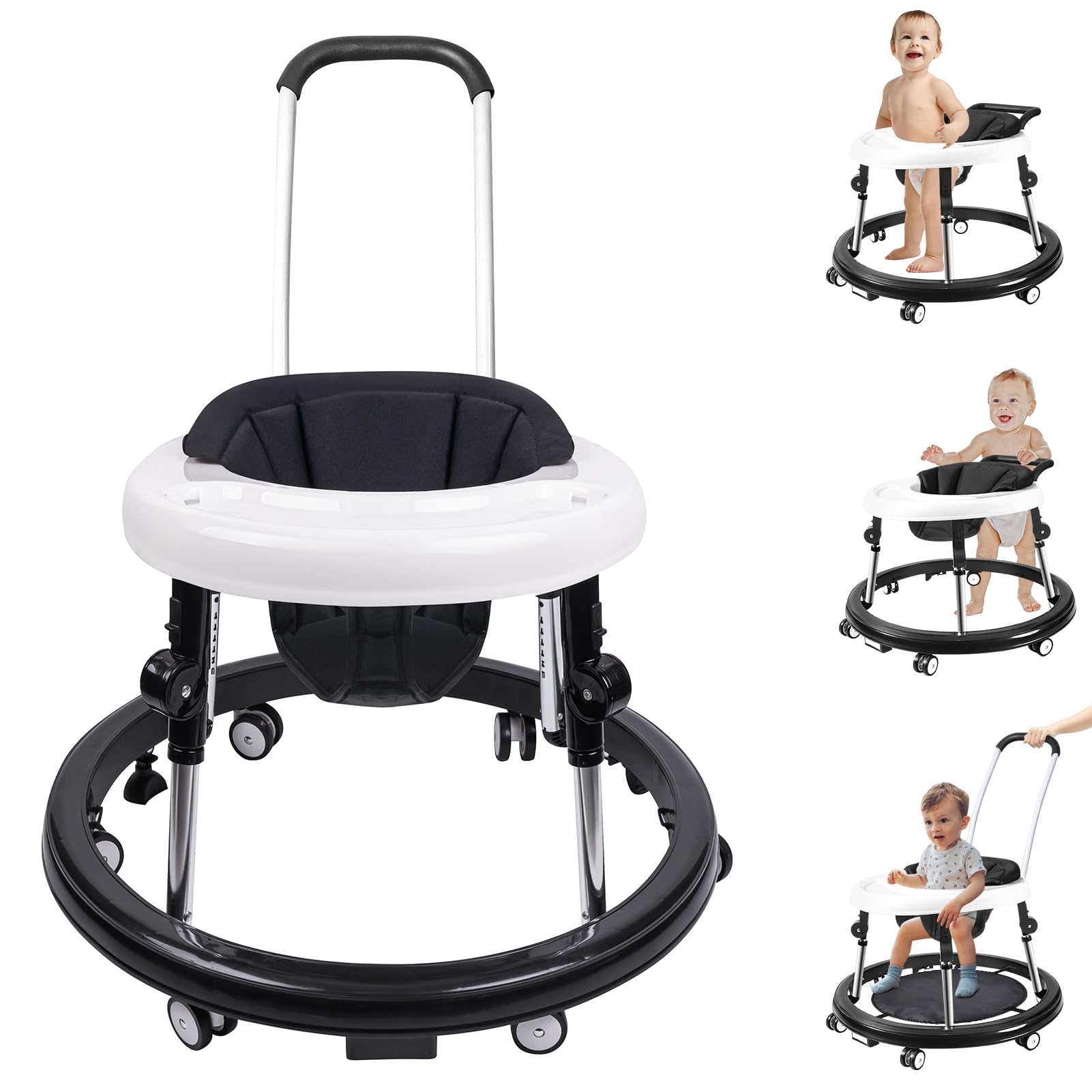 3-in-1 Foldable Baby Walker with Mute Wheels & Anti-Rollover Design - Adjustable 9-Gear Height for 6-18 Months Boys & Girls - Push Handle & Footrest Included - Perfect for Learning to Walk & Indoor Playtime