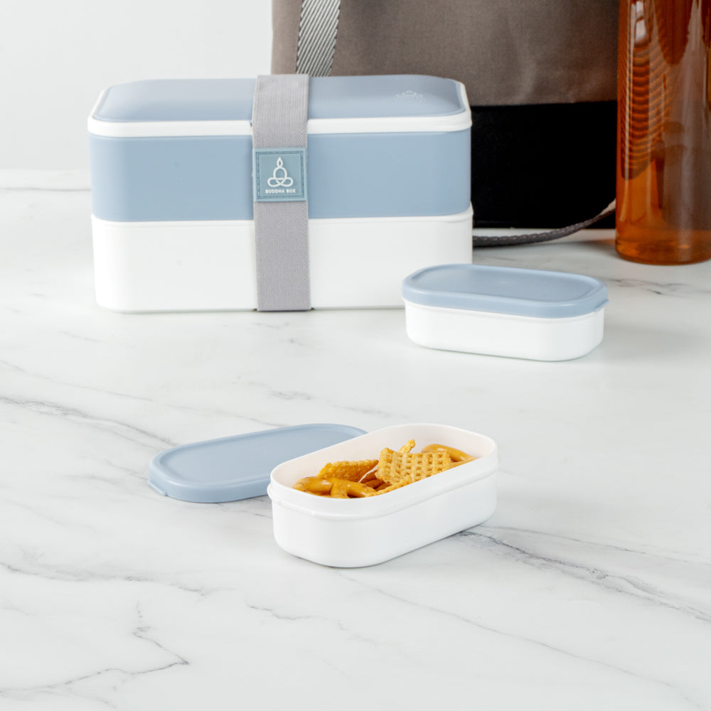 Bento Tek 3oz White Buddha Box Snack & Sauce Containers with Blue Lids (4-Pack) – Perfect for Lunch Boxes, Meal Prep, and On-the-Go Snacks | 3.75