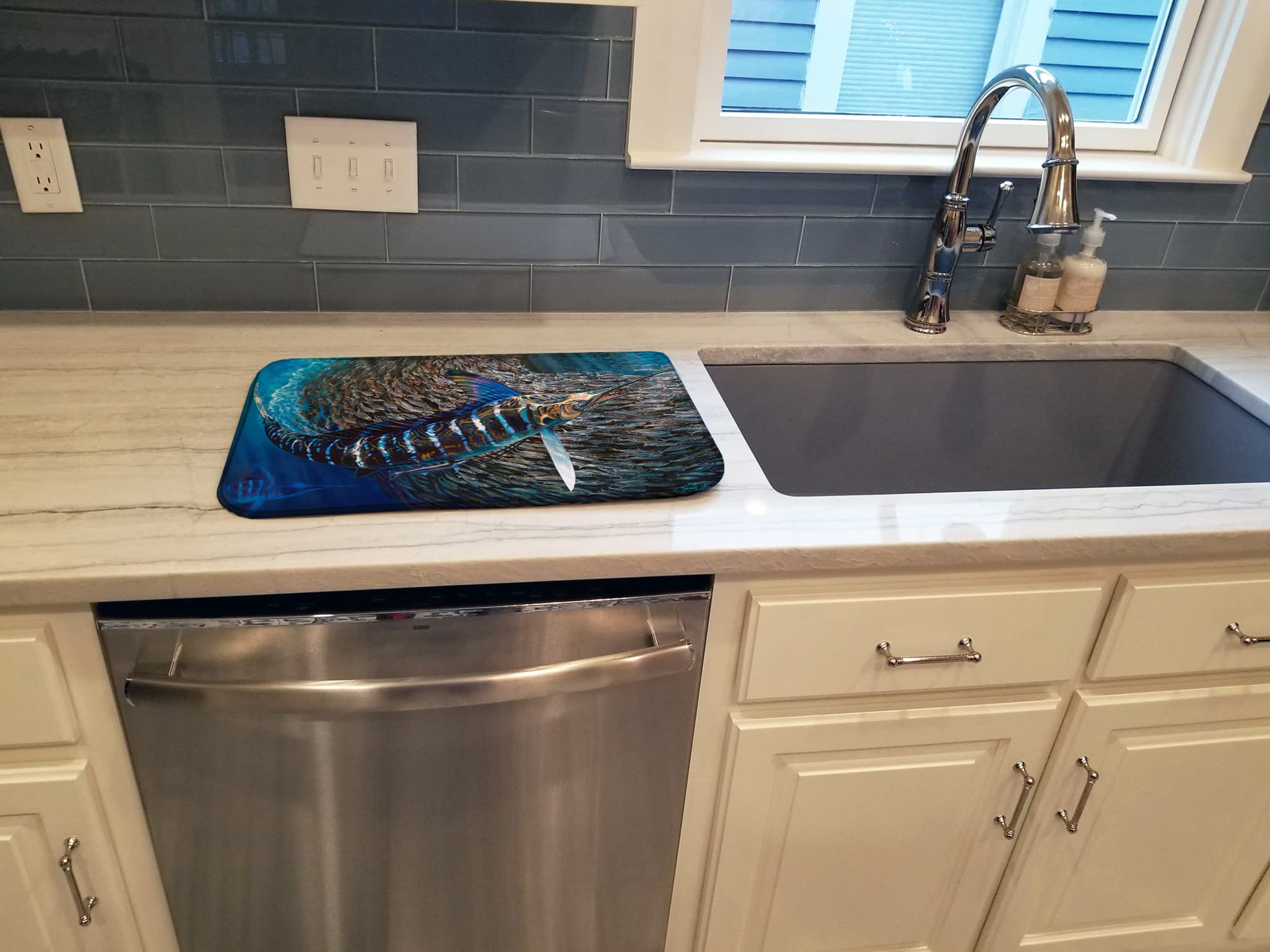Striped Marlin Dish Drying Mat - Absorbent Kitchen Counter Mat for Dishes | 14 x 21 Inch Multicolor Non-Slip Drainer Pad | Perfect for Countertop Protection & Utensil Drying