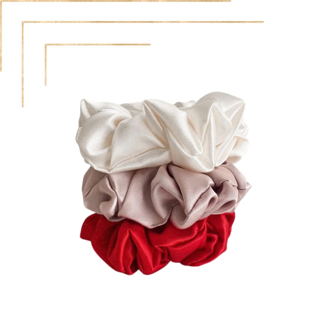 3Pcs XL Extra Large Fluffy Scrunchies for Thick Hair - Satin Silk Hair Ties for Women & Girls | Soft Ponytail Holders, Hair Bands for Less Hair Breakage - Perfect for Work, Gym, and Everyday Styling