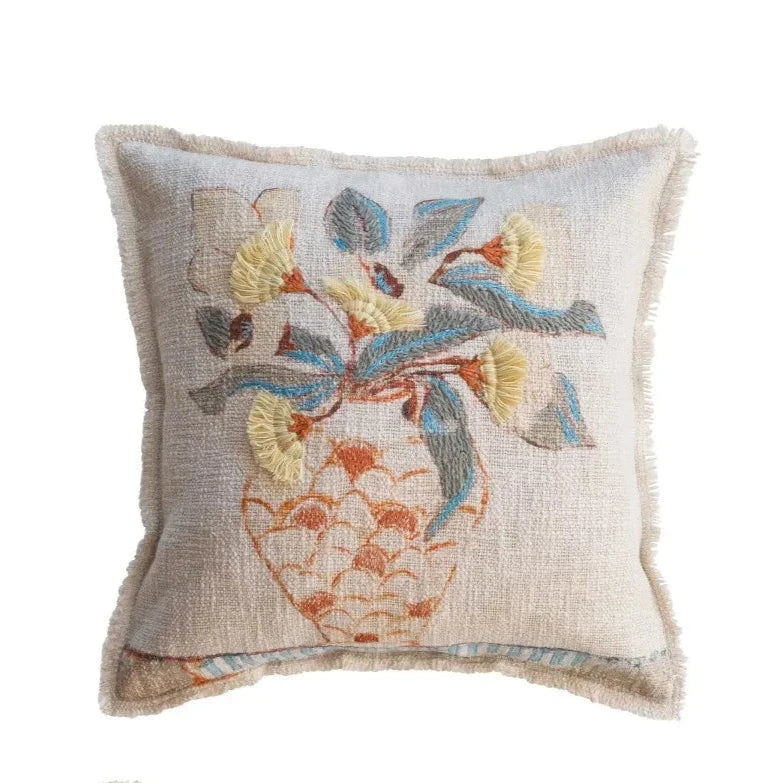 Floral Embroidered Cotton Slub Pillow - Boho Home Decor Throw Cushion for Sofa, Bed & Nursery - Soft & Stylish Decorative Pillow Cover for Living Room, Bedroom & Dorm