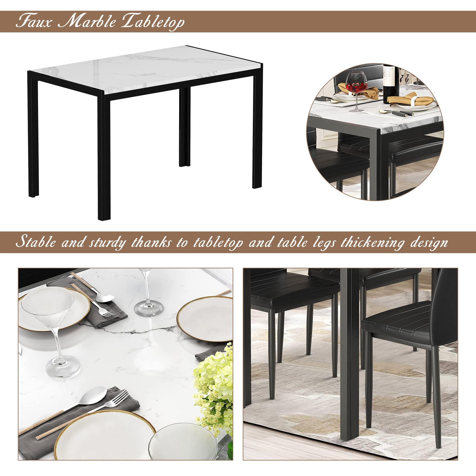 5-Piece Dining Table Set for 4 with Faux Marble Top & 4 PU Leather Chairs - Modern Kitchen & Dining Room Furniture for Small Spaces, Family Meals & Entertaining Guests