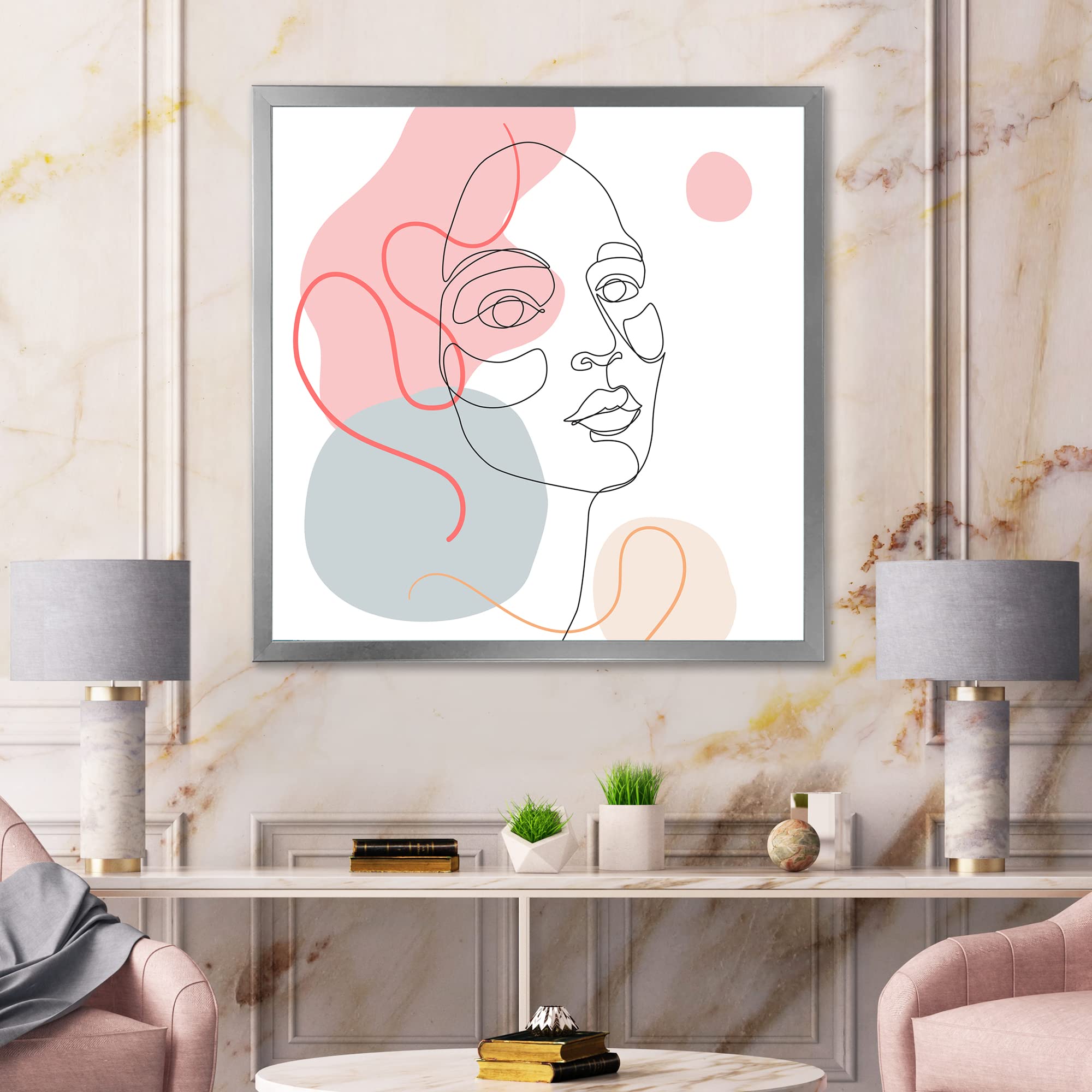 DesignQ Minimalist One Line Drawing of Young Woman in Pastel Tones - Modern Framed Wall Art Decor for Living Room, Bedroom & Office