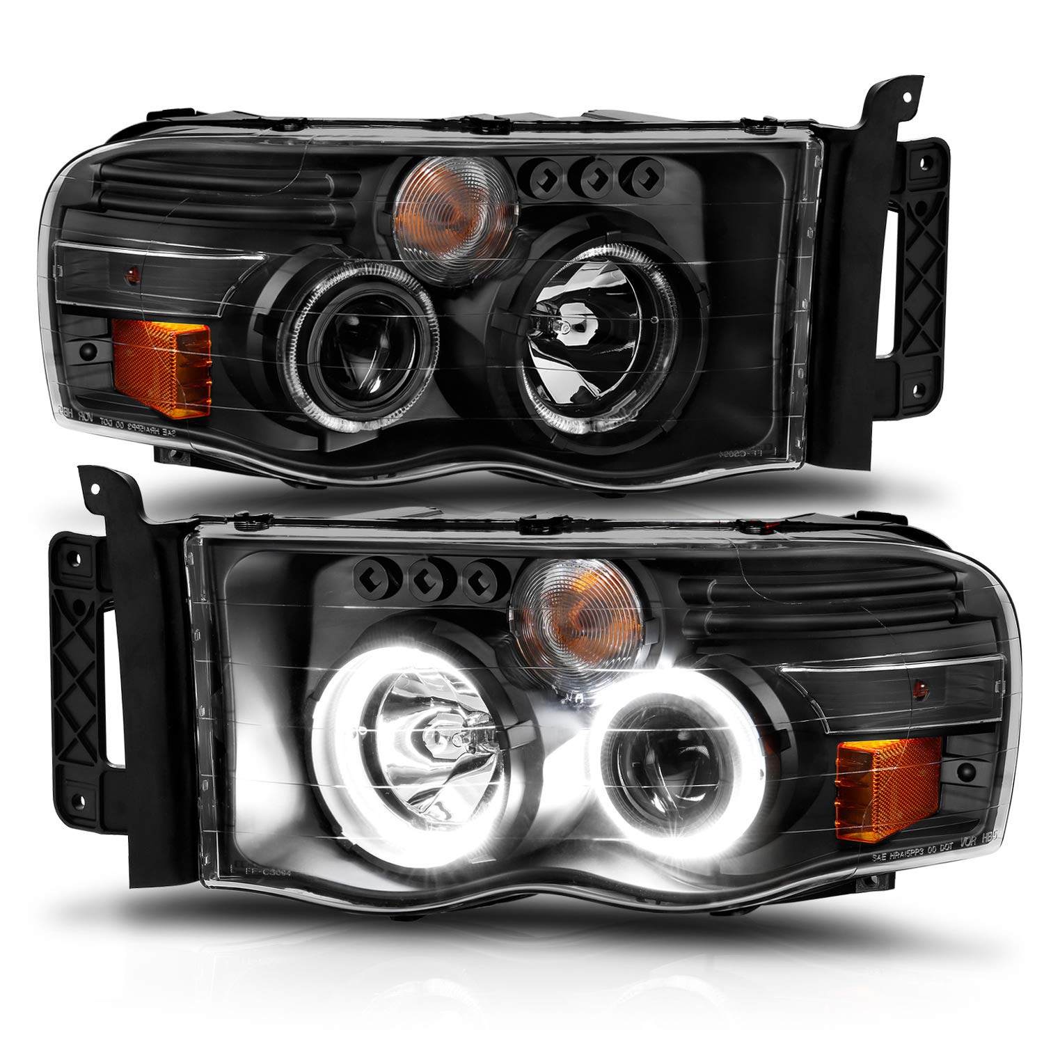 AmeriLite Black Dual LED Halo Rings Projector Headlights Replacement Pair for 2002-2005 Dodge RAM 1500 2500 3500 Truck - Driver & Passenger Side | High Visibility Night Driving & Off-Road Use