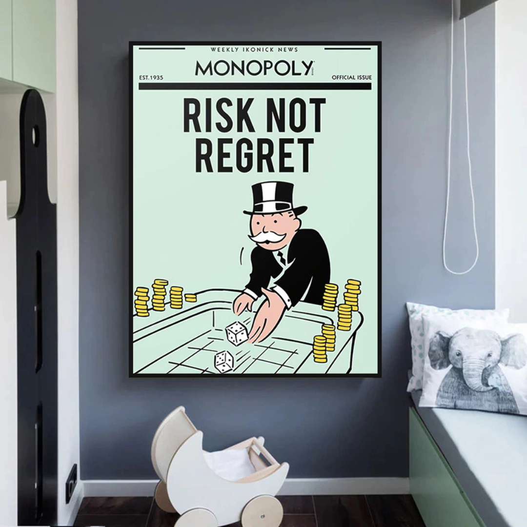 Alec Monopoly Risk Not Regret Playing Cards Canvas Wall Art - Pop Culture Home Decor for Living Room, Game Room & Office