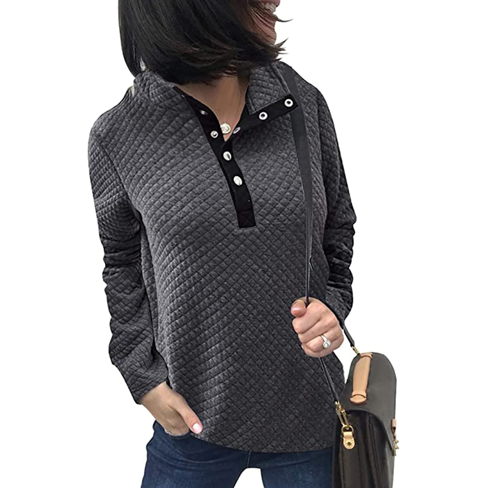Women's Long Sleeve V-Neck Quilted Patchwork Pullover Sweatshirt - Cozy Casual Button Down Top for Fall & Winter | Perfect for Work, Date Night & Weekend Outfits