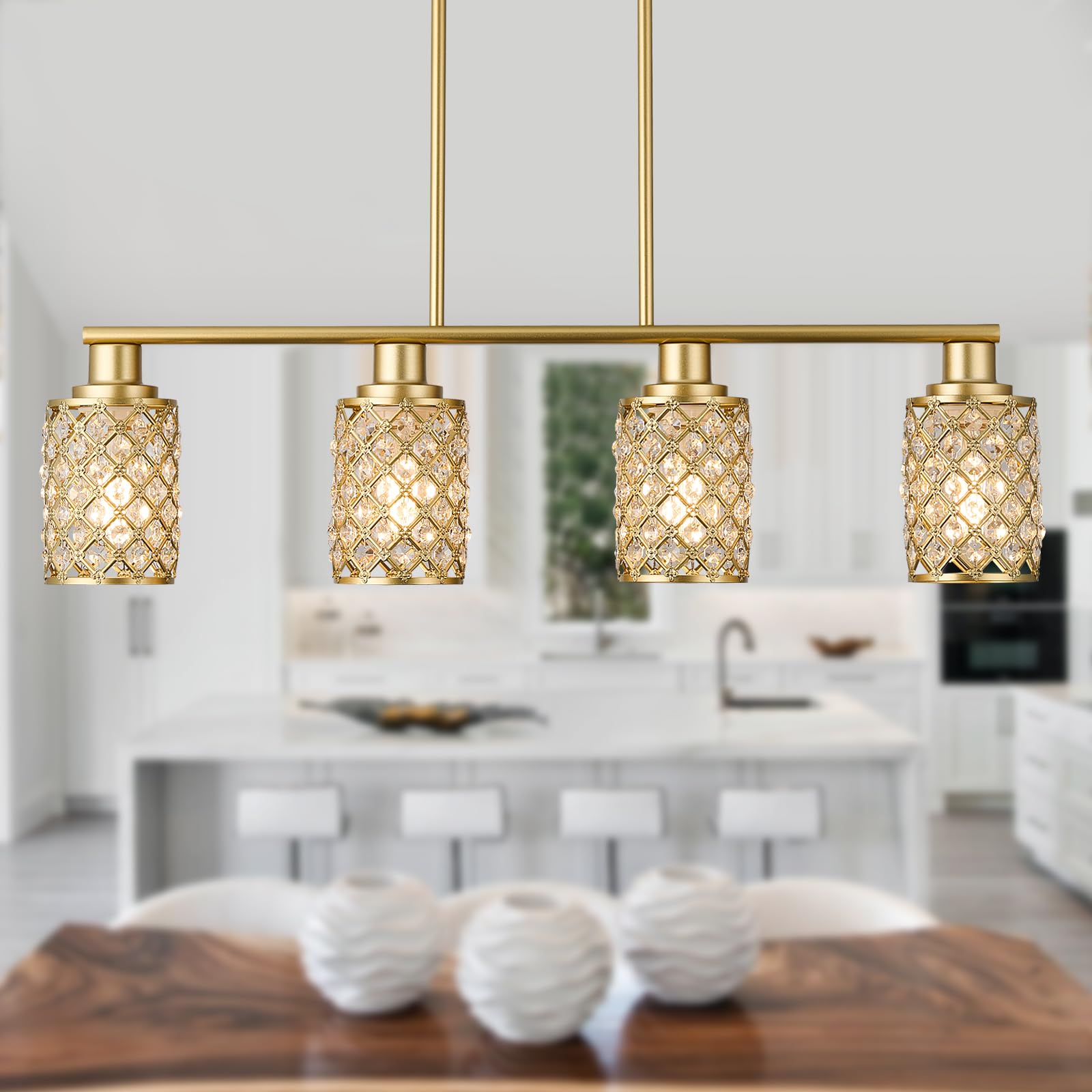 Farmhouse Gold 4-Light Linear Chandelier with K9 Crystal & Gold Grid Shade - Modern Kitchen Island Lighting & Dining Room Pendant Light Fixture for Farmhouse, Rustic, and Contemporary Home Decor (Perfect Over Dining Tables, Kitchen Islands, and Entryways)