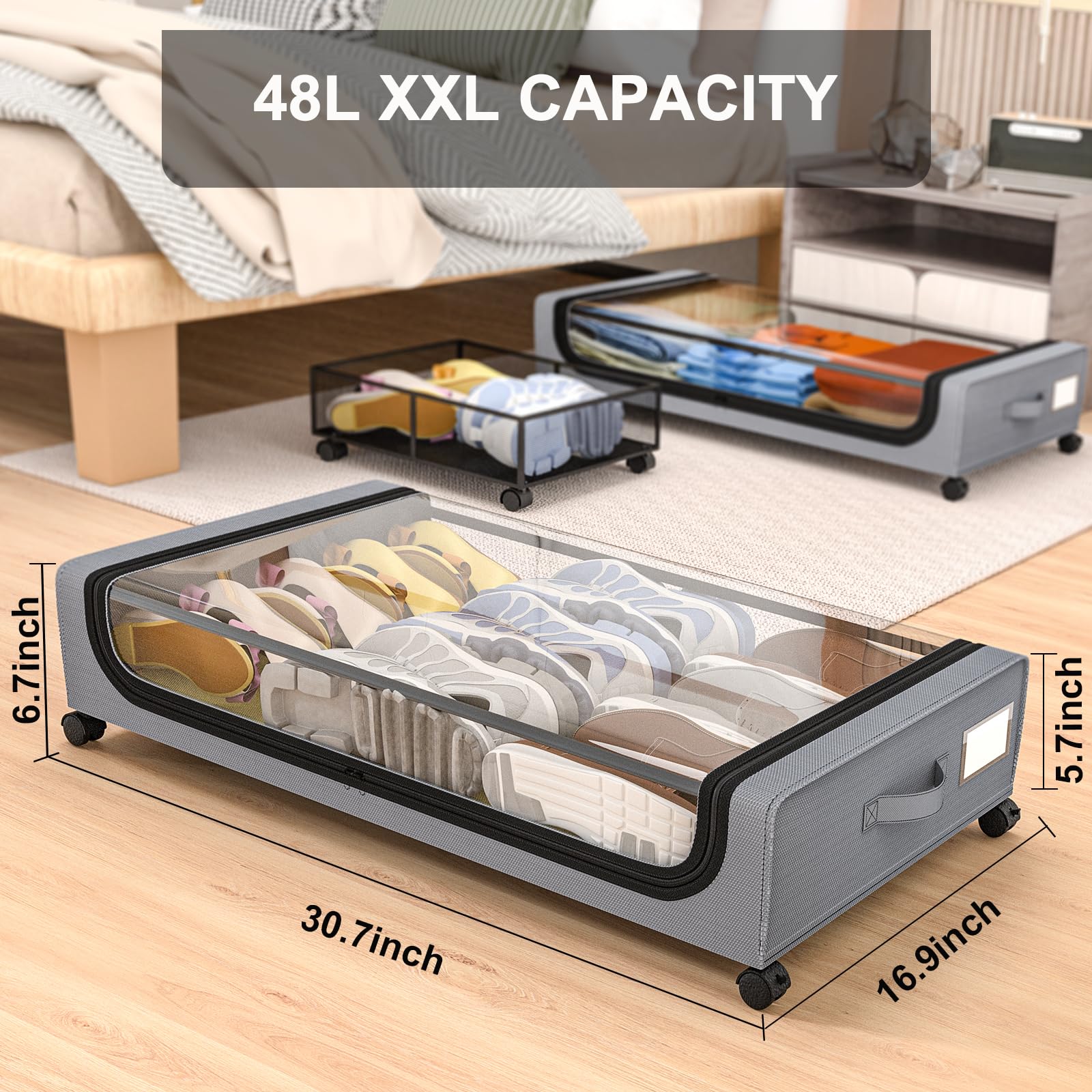 GoMaihe Under Bed Storage with Wheels: XXL Underbed Storage Bins with Lids - Rolling Drawers for Shoes, Clothes & Bedding - Space-Saving Organizer for Dorm, Bedroom, Closet - Easy Pull-Out Grey 2-Pack - Perfect for Seasonal Storage & Small Space Organization