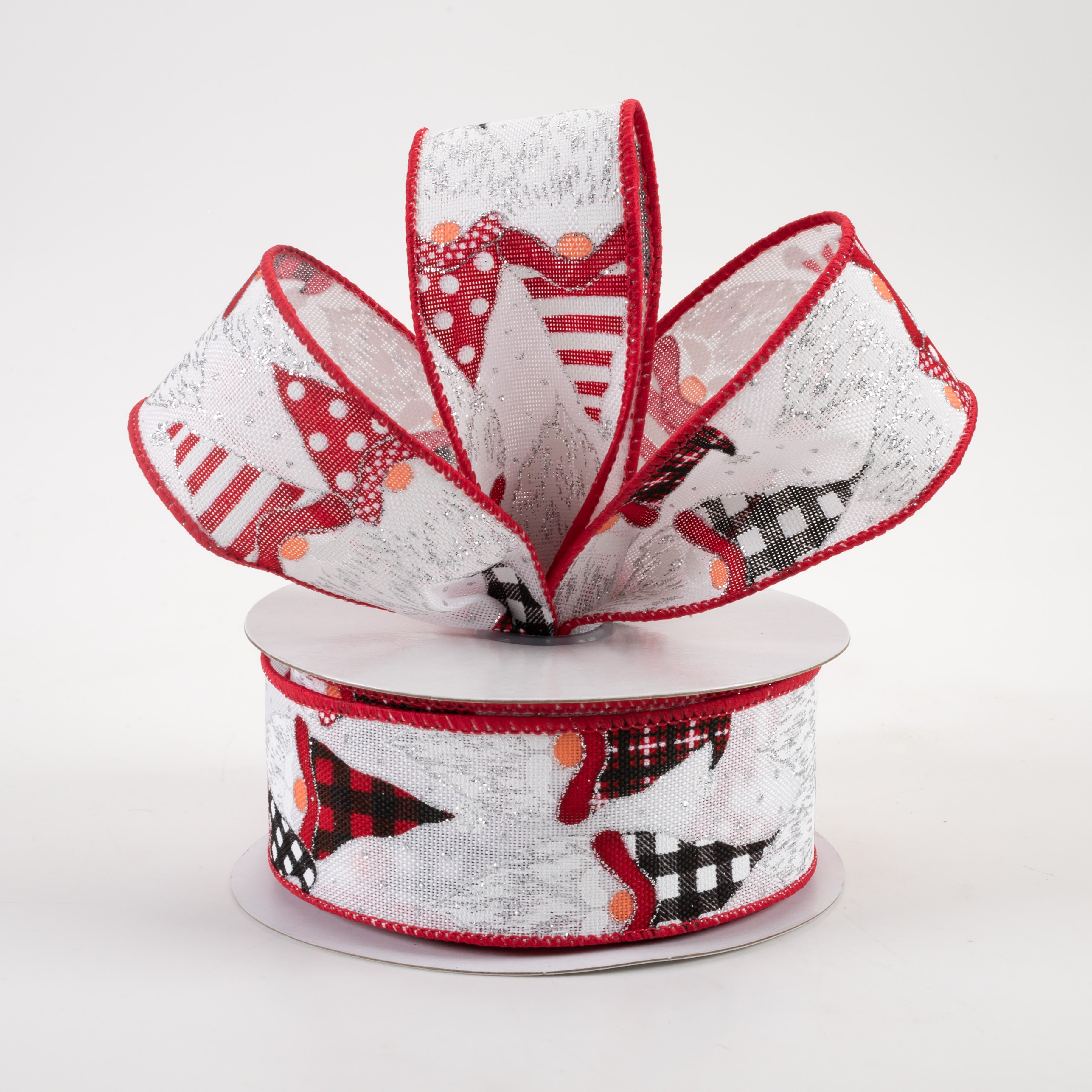 1.5 Inch Christmas Gnome Heads Ribbon - White, Red, Black (10 Yards) for Holiday Gift Wrapping, Tree Decorations & DIY Crafts