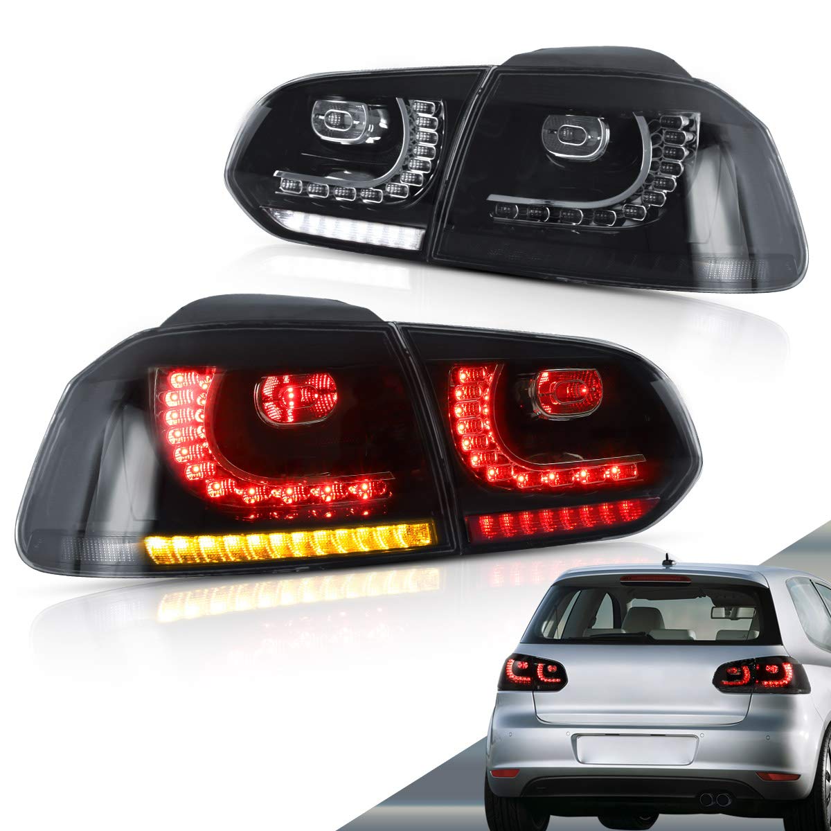 VLAND Full LED Tail Lights for VW Golf 6 MK6 (2010-2014) - Sequential Turn Signals, Brake Lights, DRL, Reverse & Fog Lights with Smoked Lens - Premium Rear Lamp Assembly for Enhanced Style & Safety - Perfect for Night Driving & Car Customization
