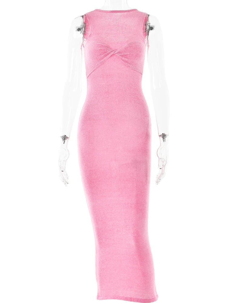 Fantoye Women's Knitted Round Neck Ruched Maxi Dress - Pink Sleeveless See-Through Summer Dress for Elegant Party, Beachwear & Casual Outings