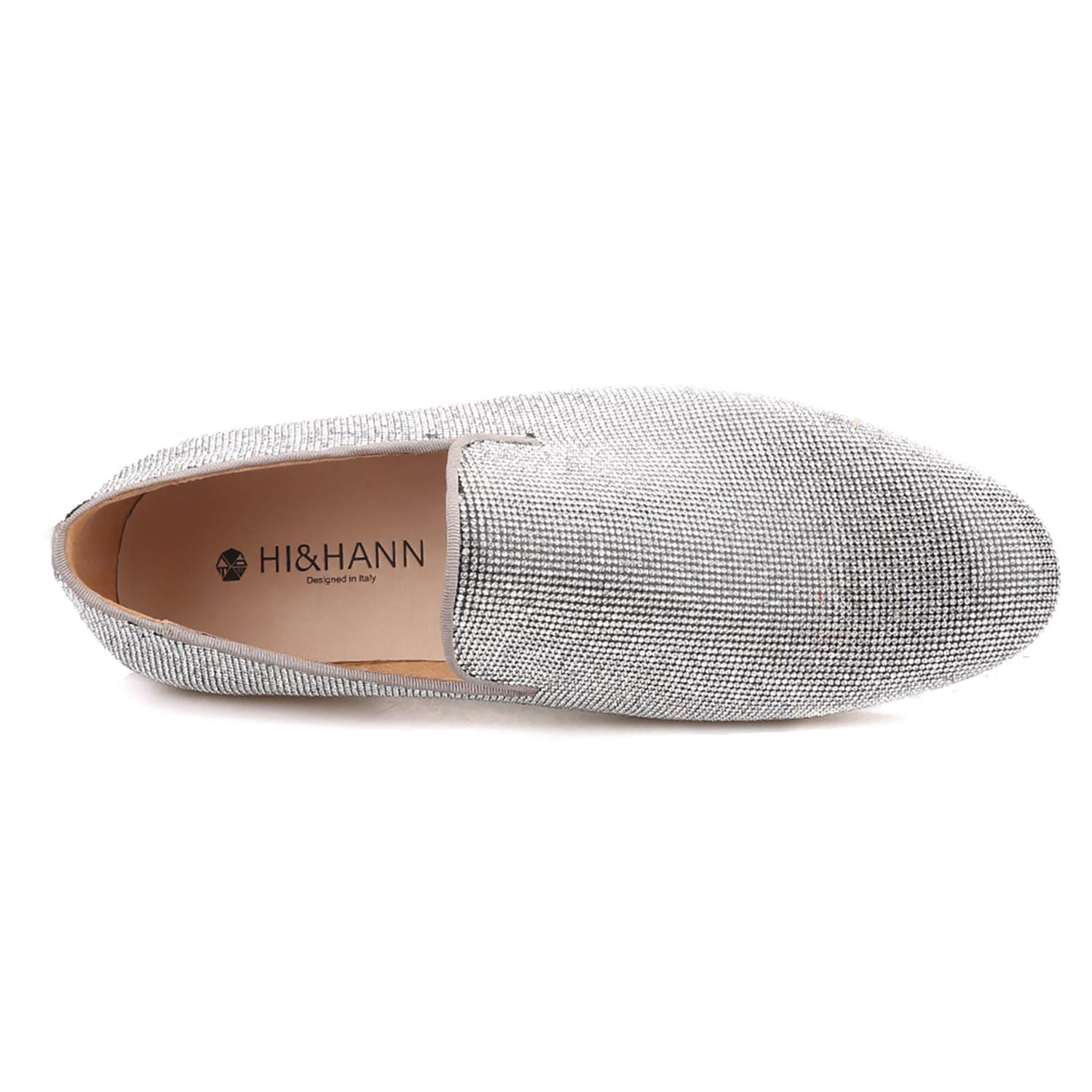 HI&HANN Silver Diamond Men's Dress Loafers - Formal Wedding Shoes & Party Shoes for Men - Comfortable Smoking Slippers & Business Flats - Perfect for Weddings, Proms, and Black Tie Events