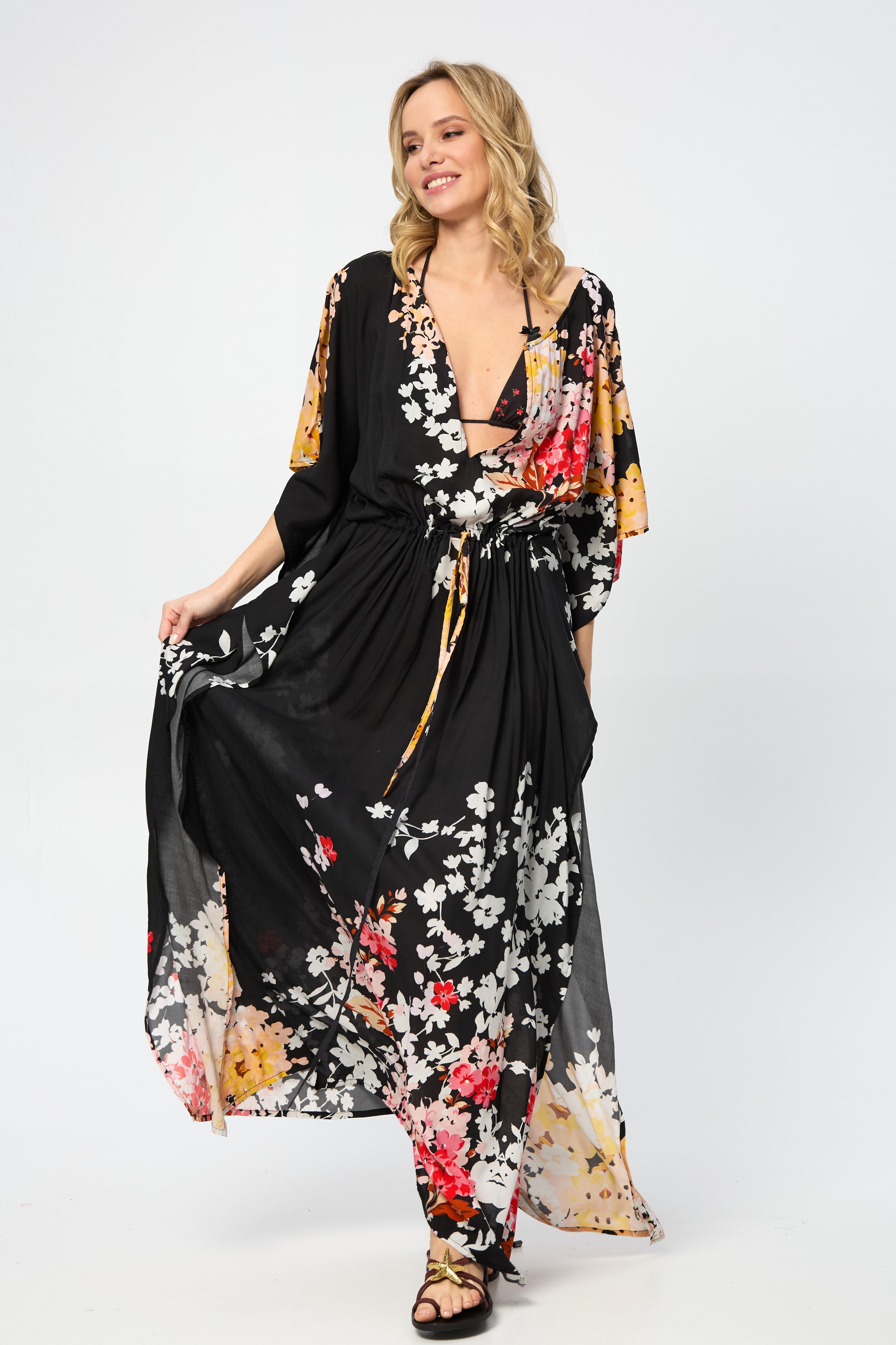 Stylish Multicolored Fiore Tie Waist Keyhole Kaftan Dress - Perfect for Beach Vacation, Summer Outings & Boho Chic Fashion