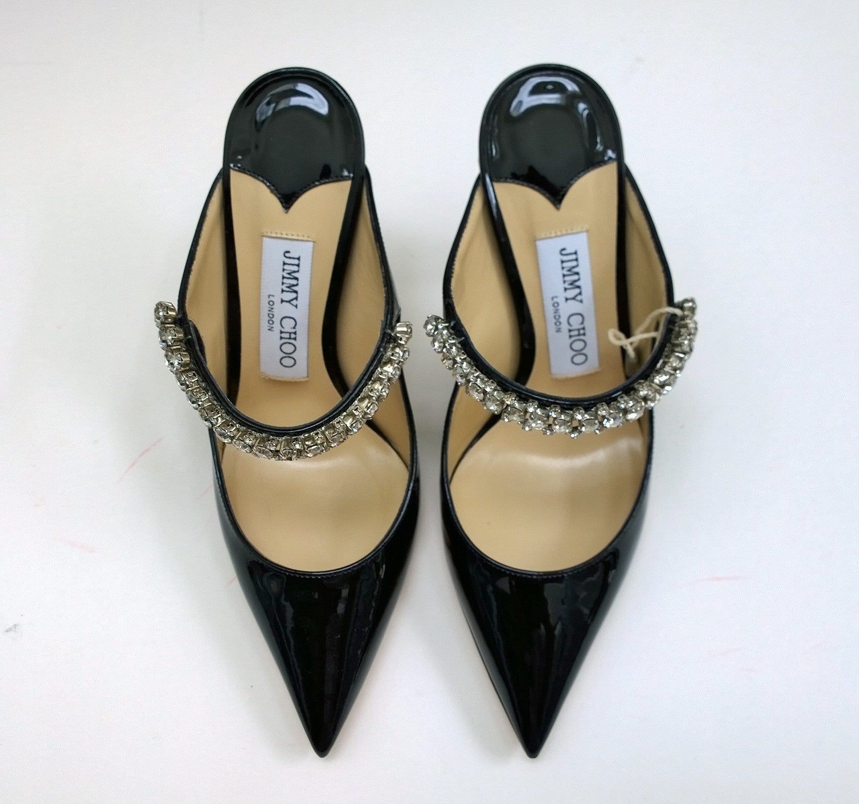 Jimmy Choo Bing 100 Black Patent Leather Rhinestone Strap Mules Heels for Women - Elegant Evening Shoes for Parties, Weddings & Special Occasions