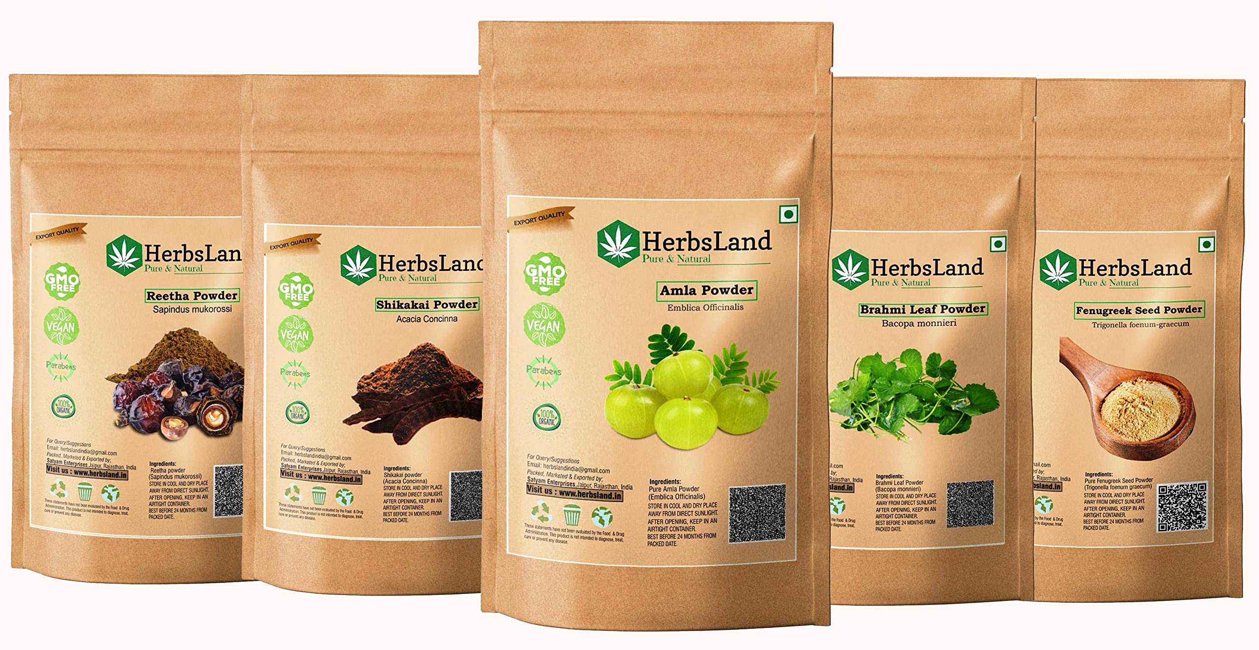 HerbsLand® Pure Bio Organic Amla Reetha Shikakai Brahmi Leaf Fenugreek Seed Powder - Natural Hair Growth & Anti-Dandruff Treatment | Face & Skin Care | Chemical-Free Shampoo Alternative (90g Each, 450g Total) for Healthy Hair & Glowing Skin at Home