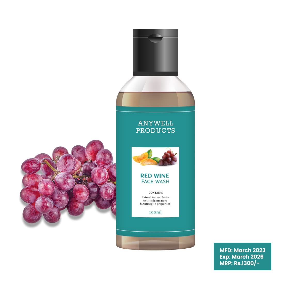 Anywell Red Wine Face Wash - Brightens Skin, Reduces Oil, Anti-Aging 100ml for Glowing Complexion