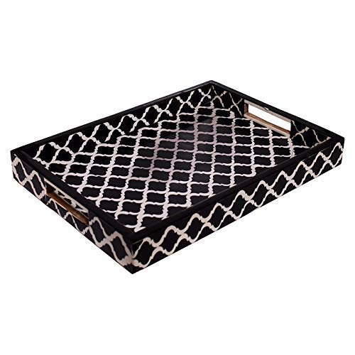 Handcrafted Bone Inlay Serving Tray - Decorative Wooden Ottoman Tray for Food, Breakfast in Bed | Black Home Decor Serving Platter | Perfect for Entertaining, Dining, and Gift Giving - Fairdeal Handicrafts