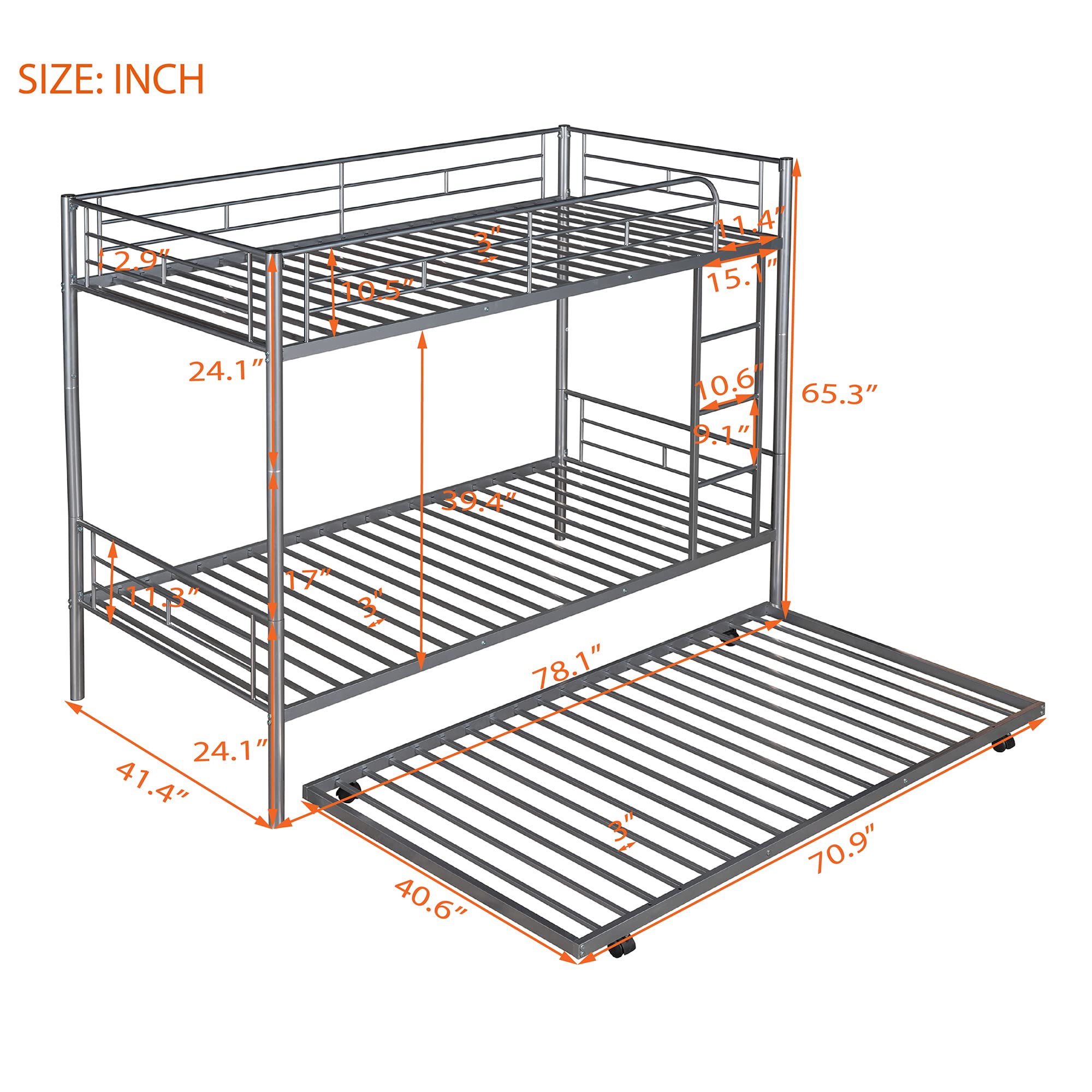 P PURLOVE Twin Over Twin Metal Bunk Bed with Trundle - Convertible to 2 Separate Beds - Space-Saving Design with Ladder - No Box Spring Required - Silver Finish - Perfect for Kids' Rooms, Guest Rooms & Small Spaces