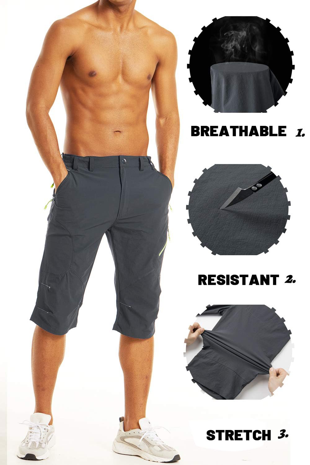 TACVASEN Men's 3/4 Hiking Cargo Shorts - Khaki Outdoor Adventure Pants with Multiple Pockets | Perfect for Hiking, Camping & Travel