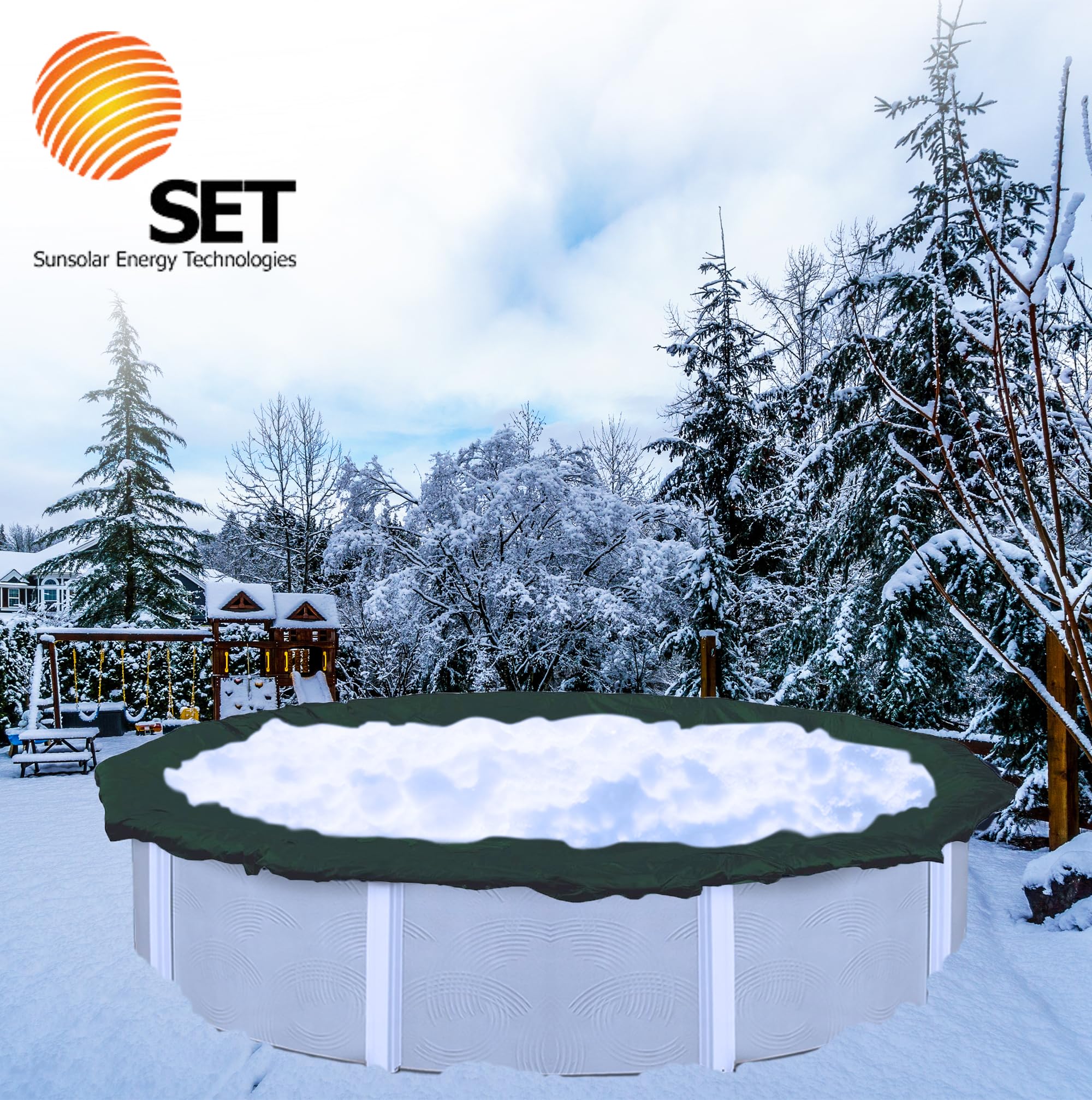 Heavy Duty 24-Foot Round Above Ground Pool Cover - Winter Solid Swimming Pool Cover with Sturdy Cable & Winch | SunSolar Energy Technologies | 12-Year Warranty | Includes Clips | Perfect for Winter Protection, Debris Prevention & Energy Savings