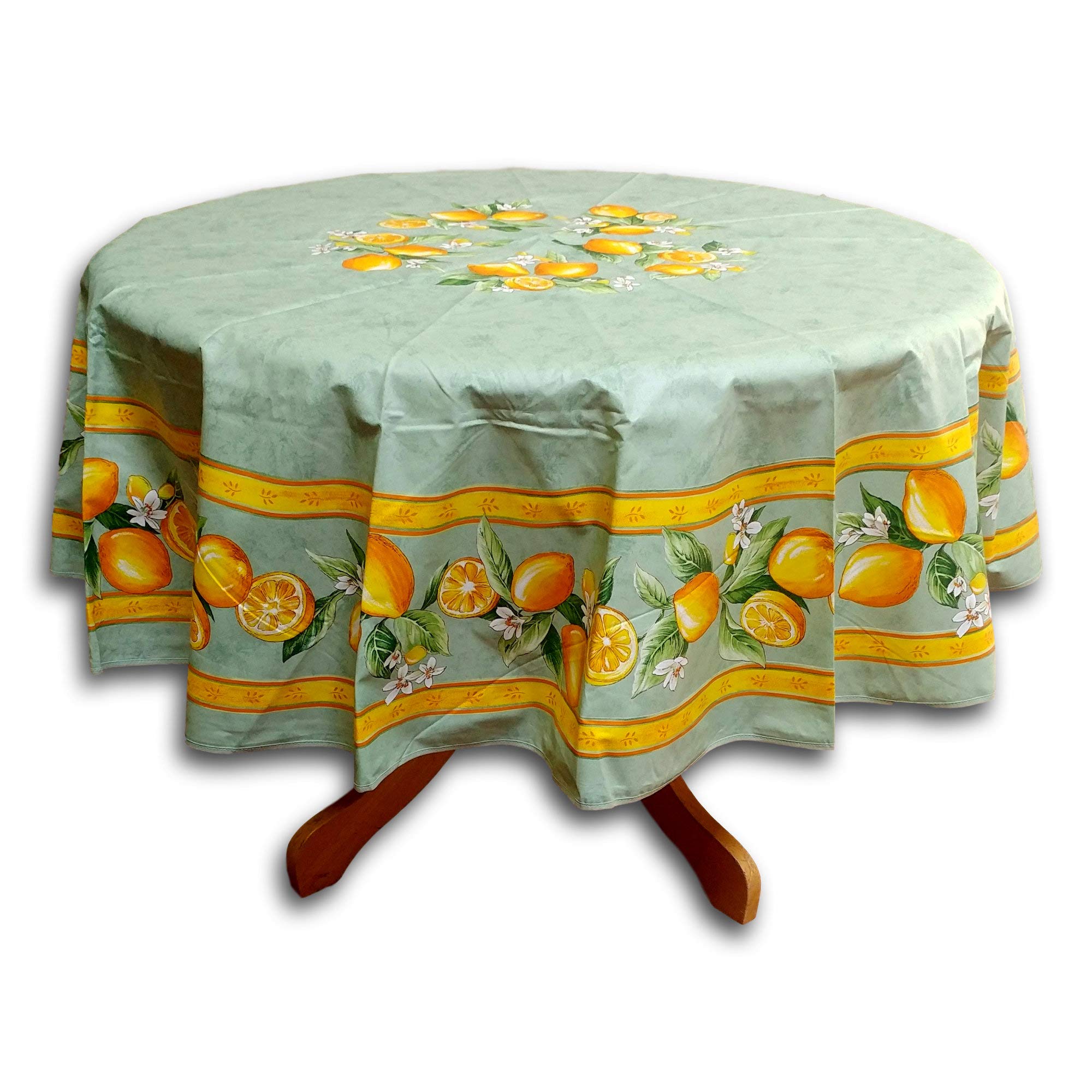 La Cigale Citron Wipeable Spill-Resistant Acrylic Coated Tablecloth - Floral Cotton French Provencal Design for Rectangle Tables (71-inch Round, Green) - Perfect for Indoor Dining & Outdoor Picnics
