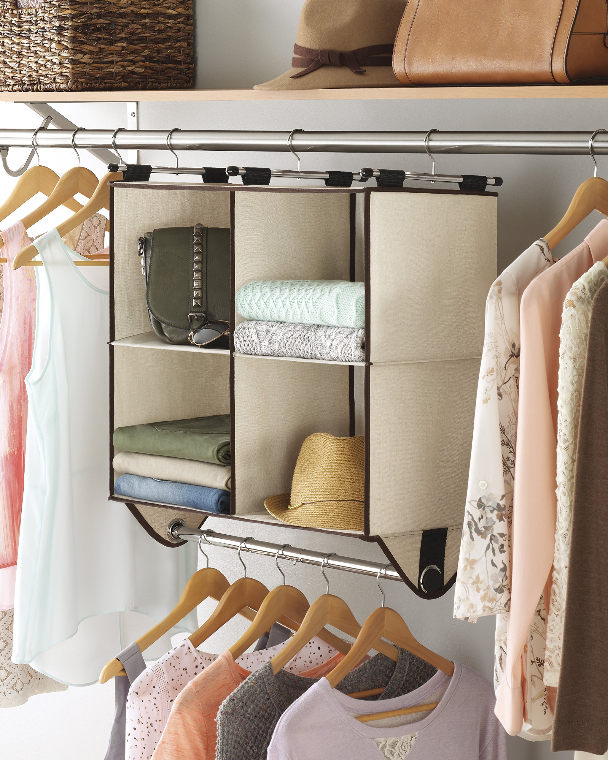 Whitmor 4-Section Closet Organizer with Hanging Rod - Durable Canvas Storage for Clothes, Shoes & Accessories | Perfect for Bedroom, Closet & Dorm Organization