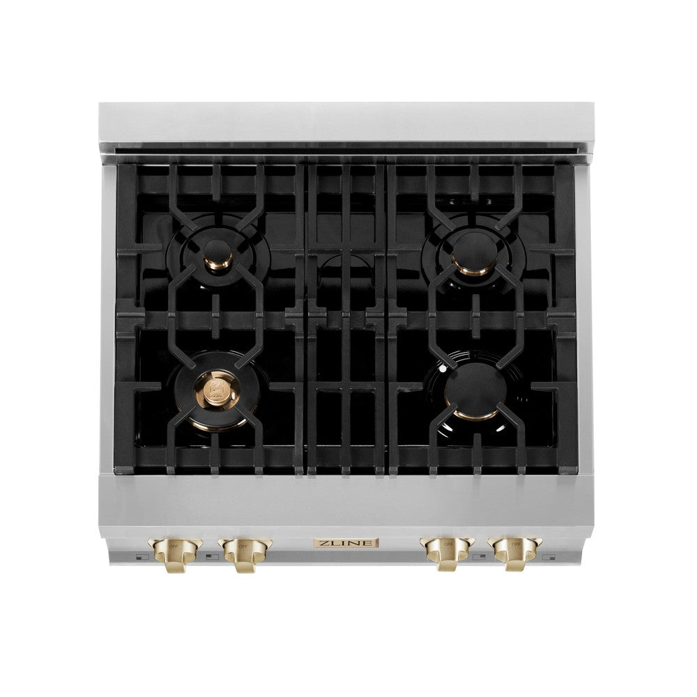 ZLINE RTZ 30 G 30-Inch 4-Burner Gas Rangetop with Porcelain Cooktop - Stainless Steel with Polished Gold Accents - Professional Style for Home Kitchen & Restaurant Use