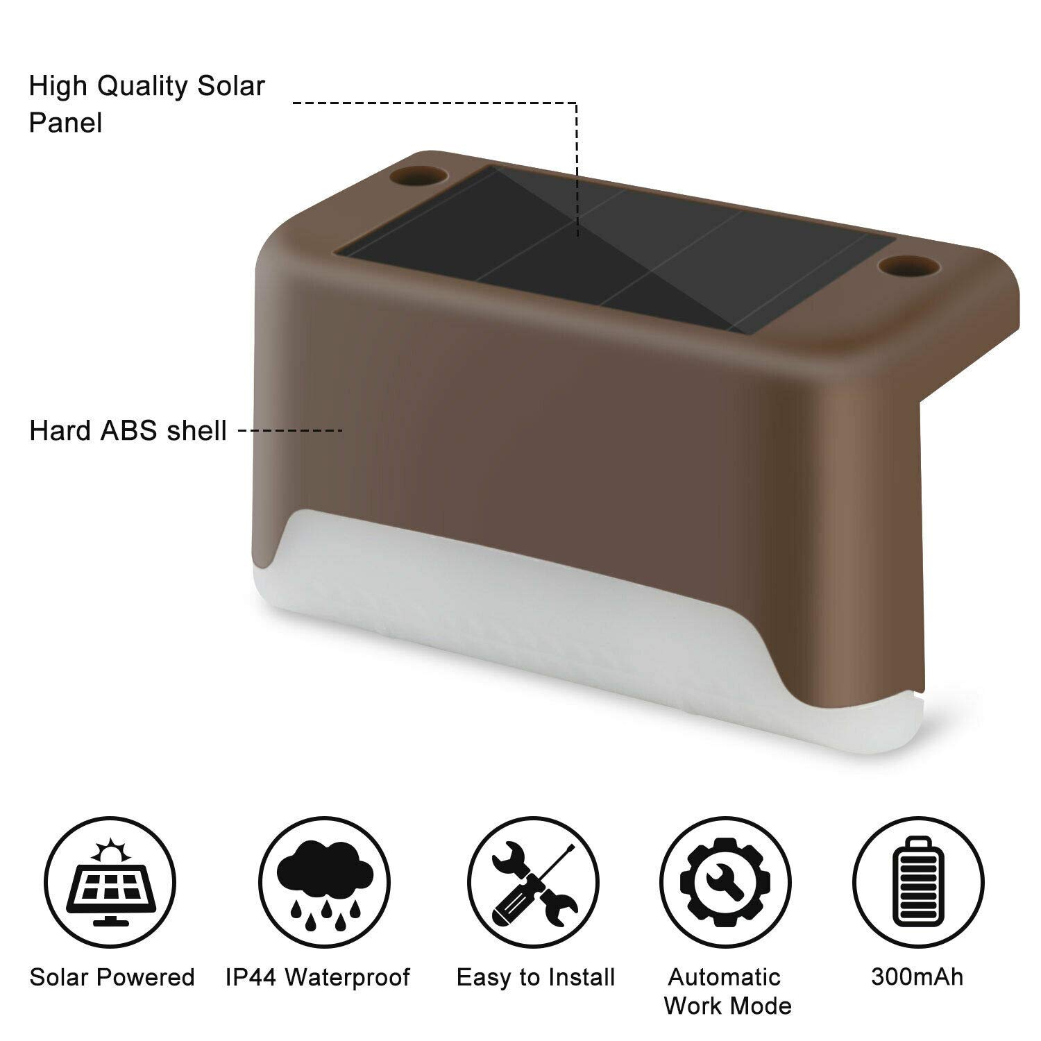 EROCK 8 Pack Solar Deck Lights - Waterproof LED Solar Step Lights for Outdoor Stairs, Decks, Patios, Yards, Pathways, Fences & Driveways - Warm White & Brown Solar Lamps for Nighttime Safety & Ambience