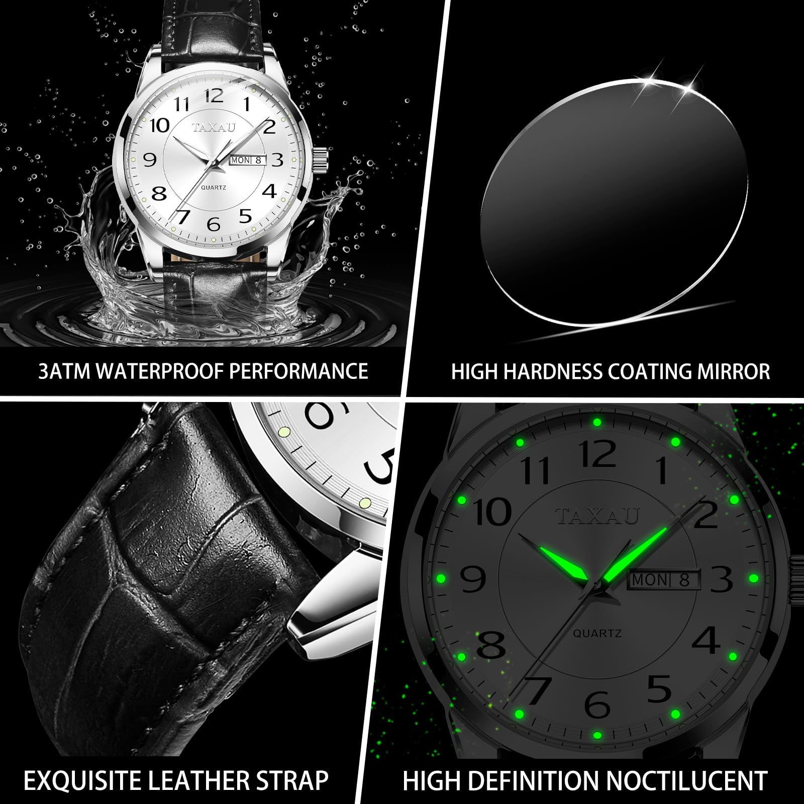Luxury Men's Analog Quartz Watch - Big Face Black Leather Waterproof Wristwatch with Luminous Hands & Date Display - Perfect for Business, Casual & Dress Occasions