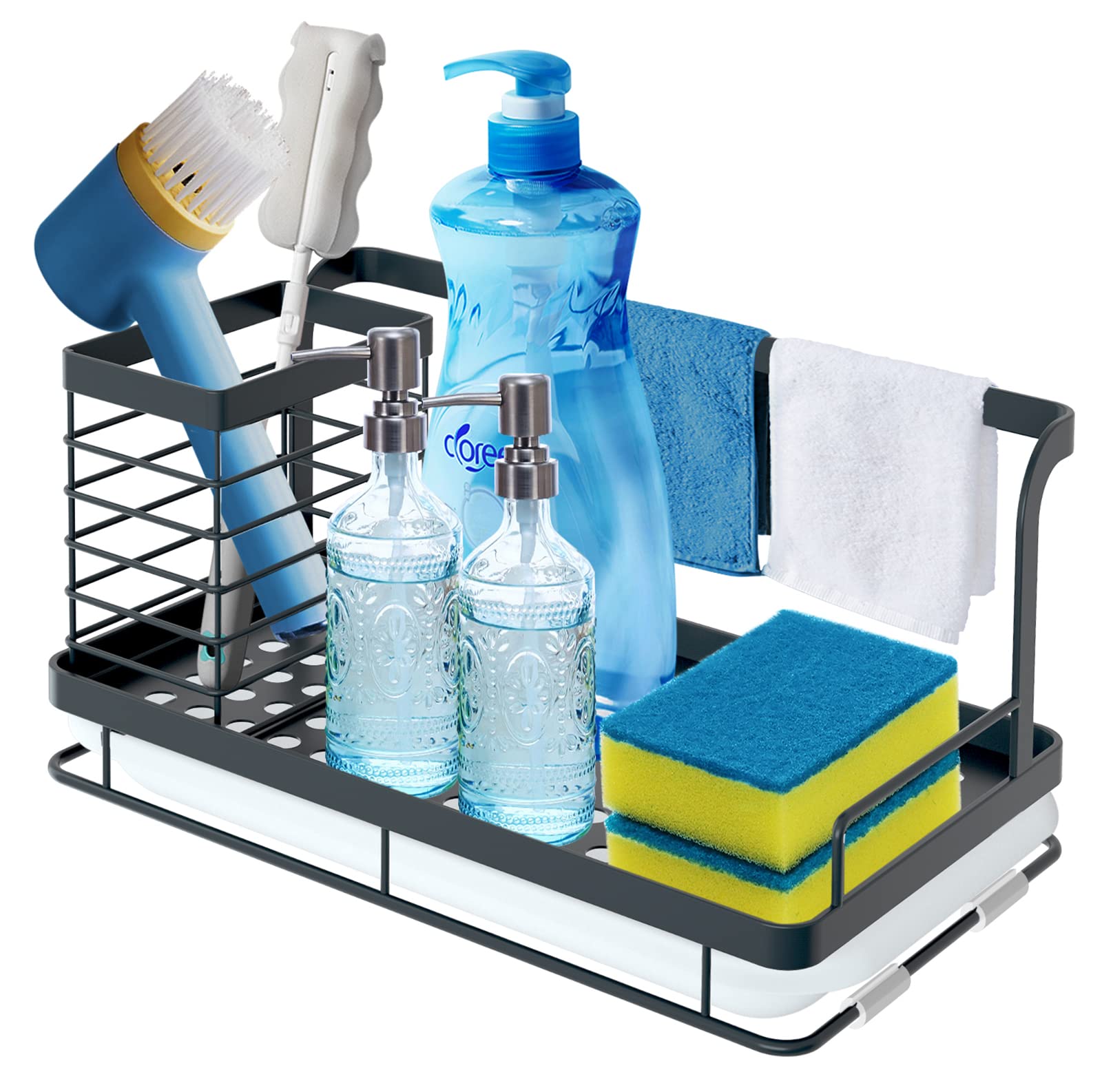 Rustproof Kitchen Sink Organizer Caddy with Drain Pan - Black Dish Brush, Soap & Sponge Holder for Kitchen & Bathroom Countertop Storage - Perfect for Organizing Cleaning Supplies by the Sink