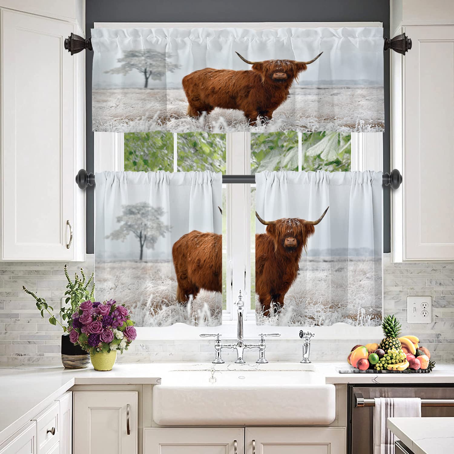 Scottish Highland Cow Blackout Window Valances Curtains - Farmhouse Kitchen & Bedroom Decor for Sun Protection & Privacy