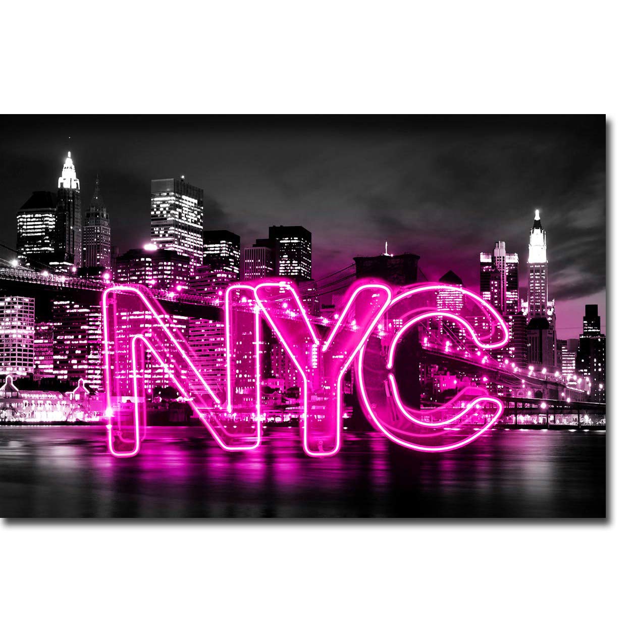 Hailey Carr Neon New York City Canvas Art Print - 24x36 Inch Ready to Hang Wall Decor, Vibrant NYC Skyline Giclee Painting for Living Room, Bedroom & Office