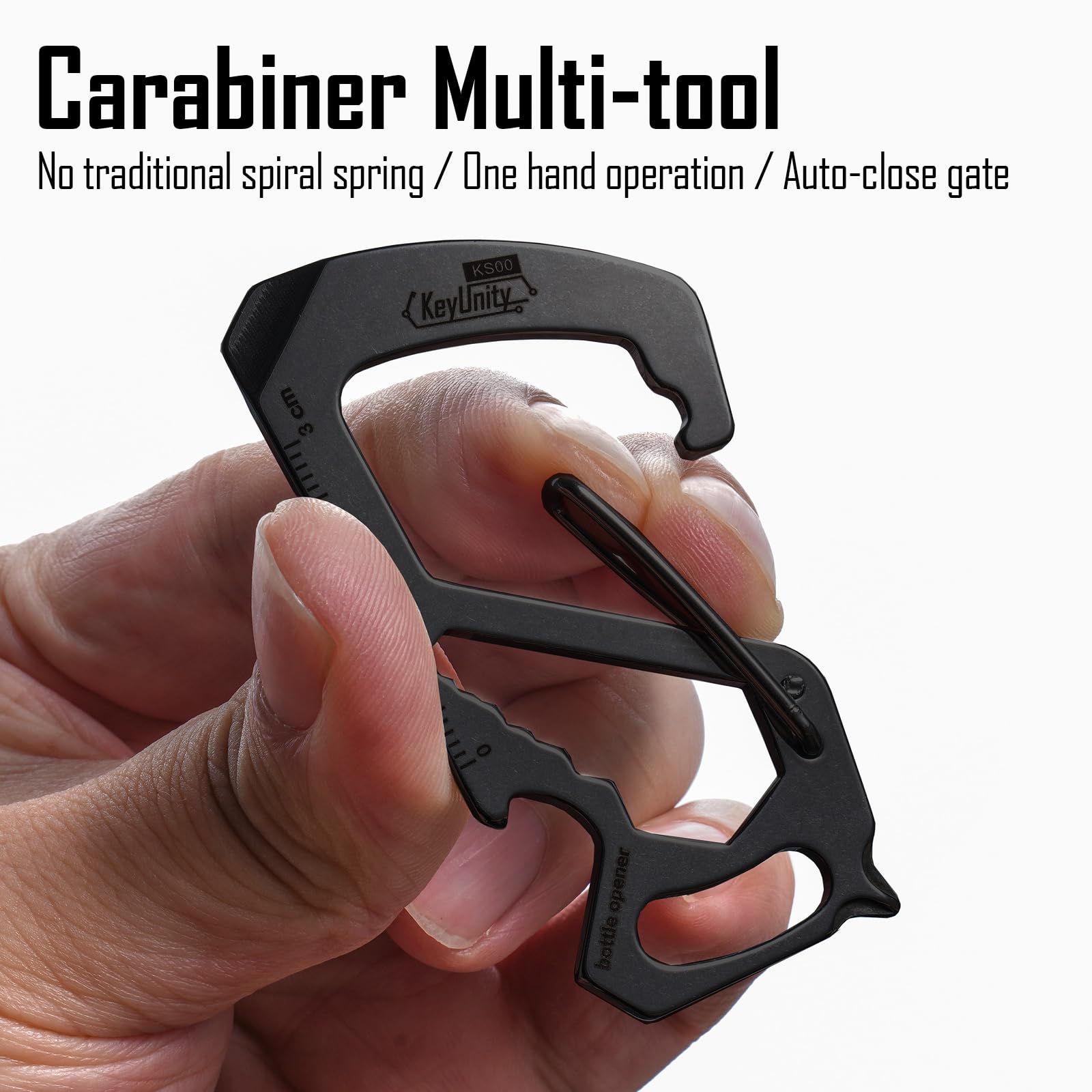 KeyUnity KS00BK 7-in-1 Stainless Steel Multitool Carabiner Clip - Includes Quick Release Clasp, Wrench, Cross/Slotted Screwdrivers, Bottle Opener, Ruler & Key Holder (PVD Black) - Perfect for Camping, Hiking, DIY Repairs & Everyday Carry