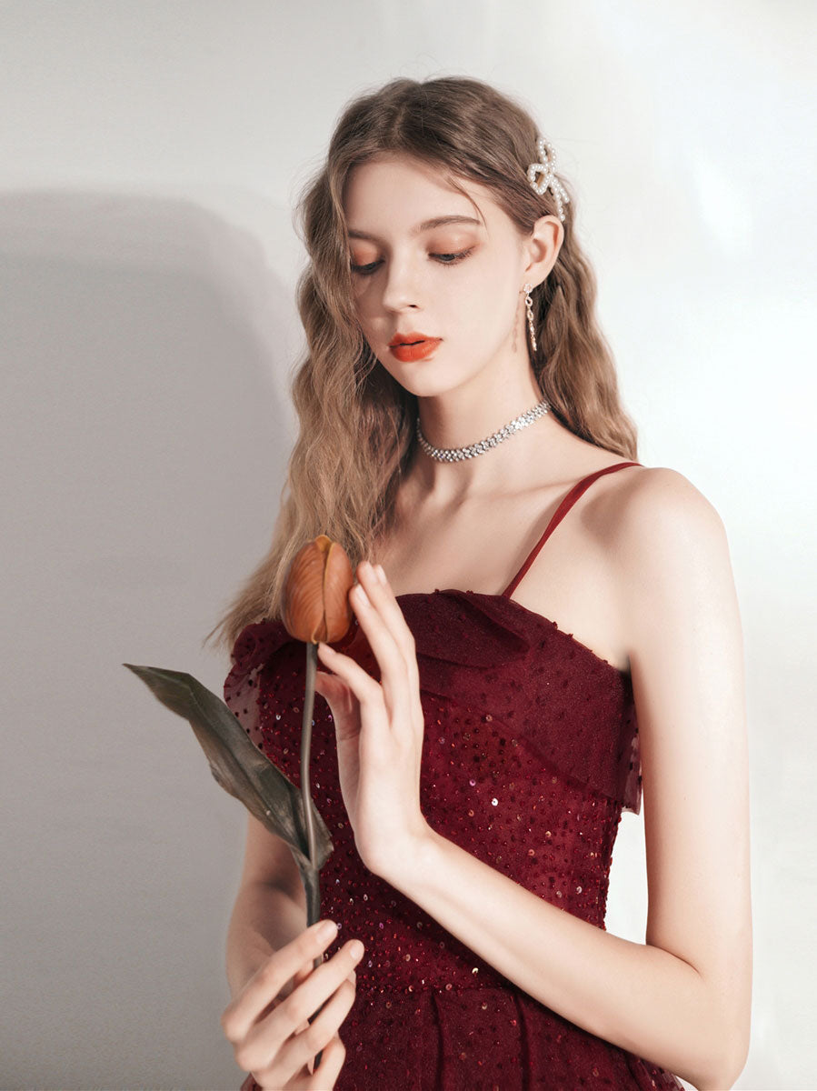 Elegant Aline Tea Length Burgundy Prom Dress | Burgundy Homecoming Gown for Women | Perfect for Formal Dances, Weddings & Special Occasions