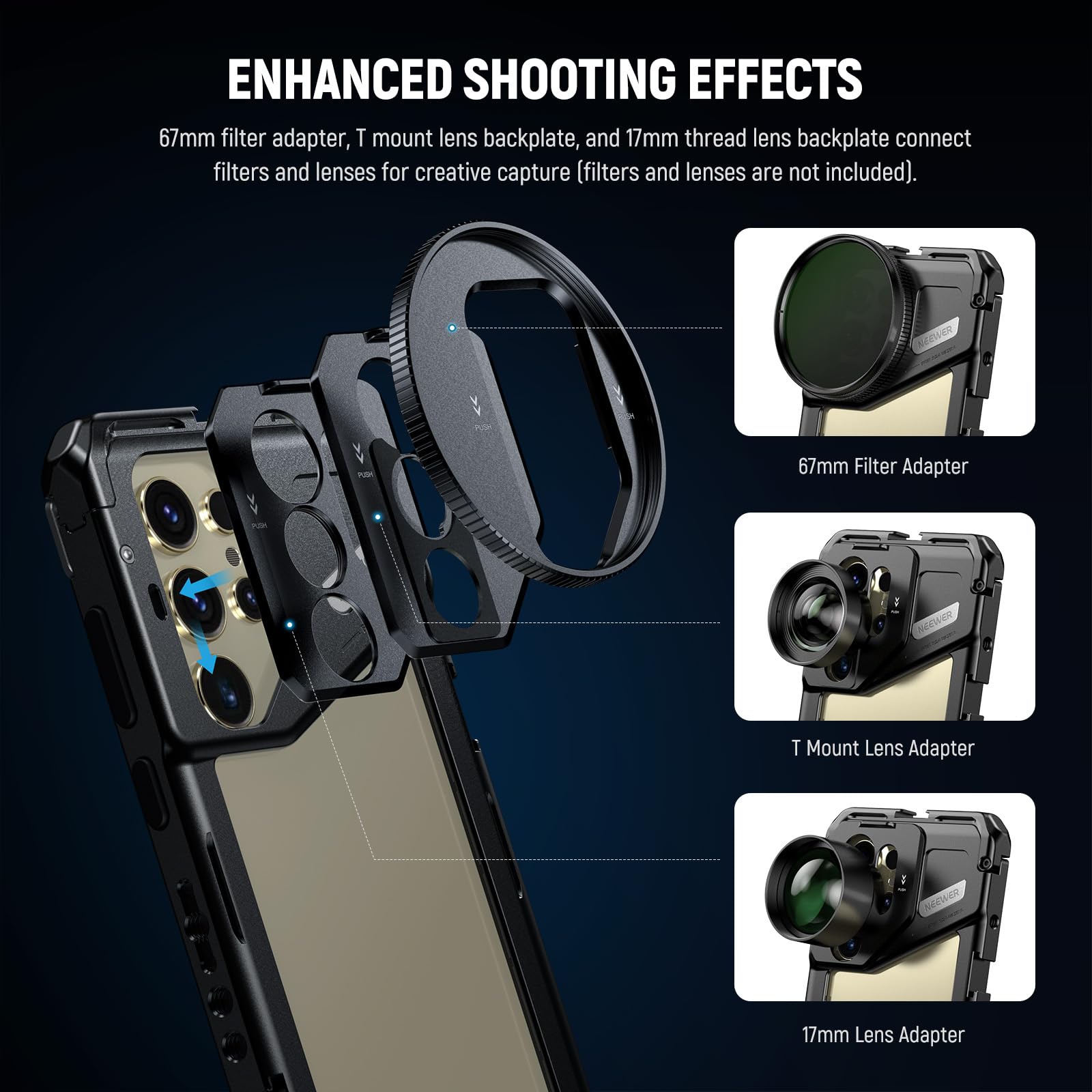 NEEWER PA042 S24 Ultra Phone Cage Video Rig Stabilizer Kit with Quick Release Handle, Bluetooth Shutter, 67mm Filter & Lens Adapters - Perfect for Smartphone Filmmaking, Vlogging, and Mobile Photography