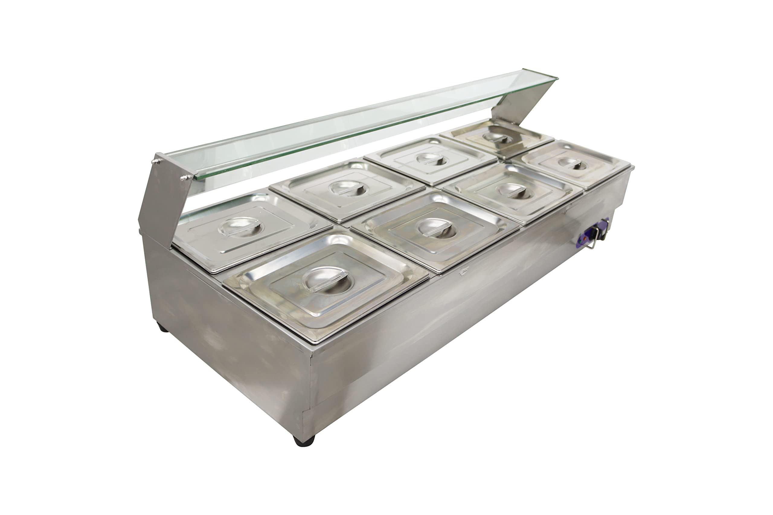 INTSUPERMAI Commercial 8-Pan Food Warmer - 6-Inch Deep Stainless Steel Bain Marie with Glass Shield - Countertop Buffet Steam Table for Soup, Canteen & Catering - 110V Electric Food Warmer for Restaurants, Cafeterias & Events