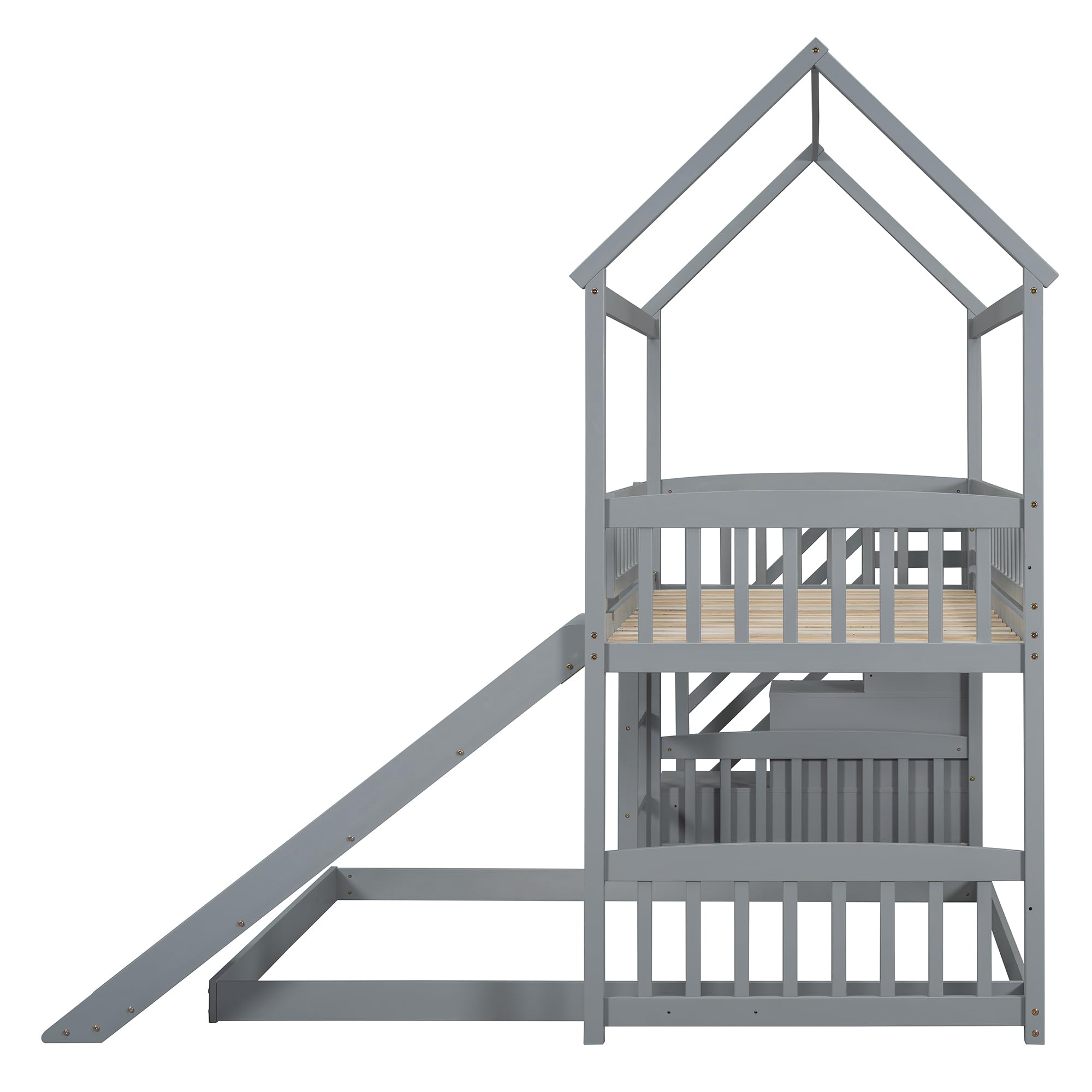 Harper & Bright Designs Twin Over Twin Kids House Shape Bunk Bed with Slide - Solid Wood Bunk Bed Frame with Storage Stairs for Kids & Teens (Grey) | Space-Saving Bedroom Solution for Siblings, Sleepovers & Small Rooms