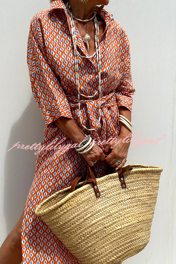 Summer Splendor Printed Button Half Sleeve Belt Loose Shirt Midi Dress - Flowy Boho Chic Outfit for Beach Vacation, Date Night & Casual Wear