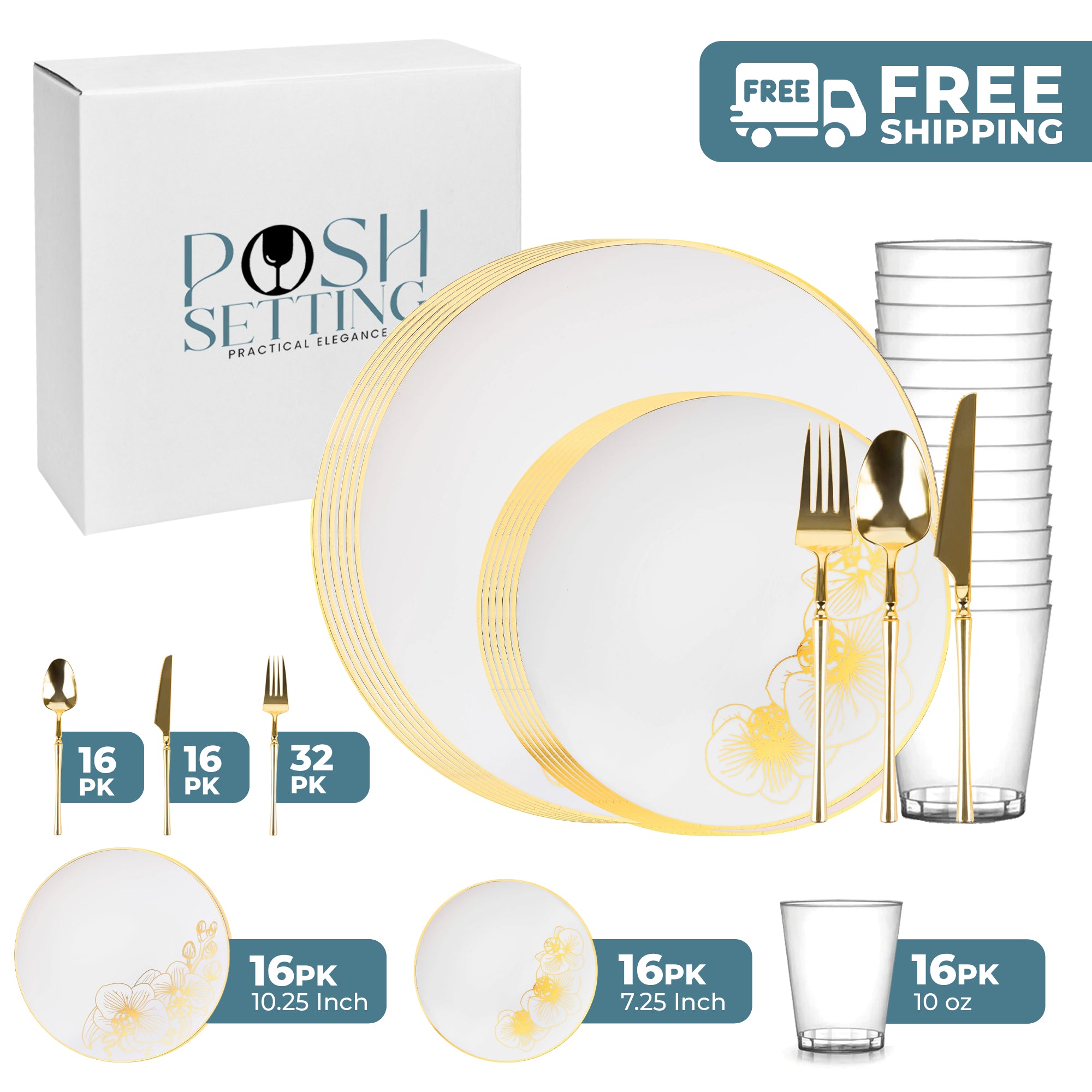 Elegant White and Gold Plastic Party Decorations Bundle - Perfect for Weddings, Birthdays & Special Events | Orchid Themed Celebration Supplies