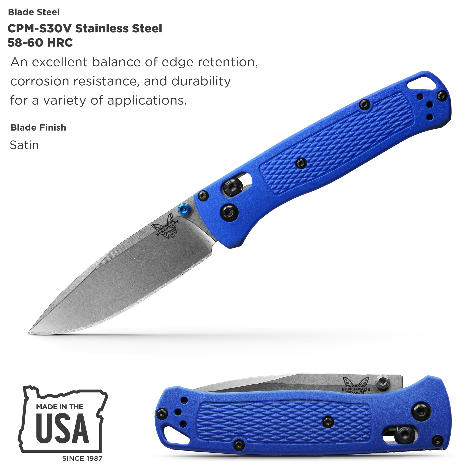 Benchmade Bugout 535 EDC Folding Knife - Lightweight Blue Grivory Handle, Perfect for Everyday Carry, Camping & Outdoor Adventures