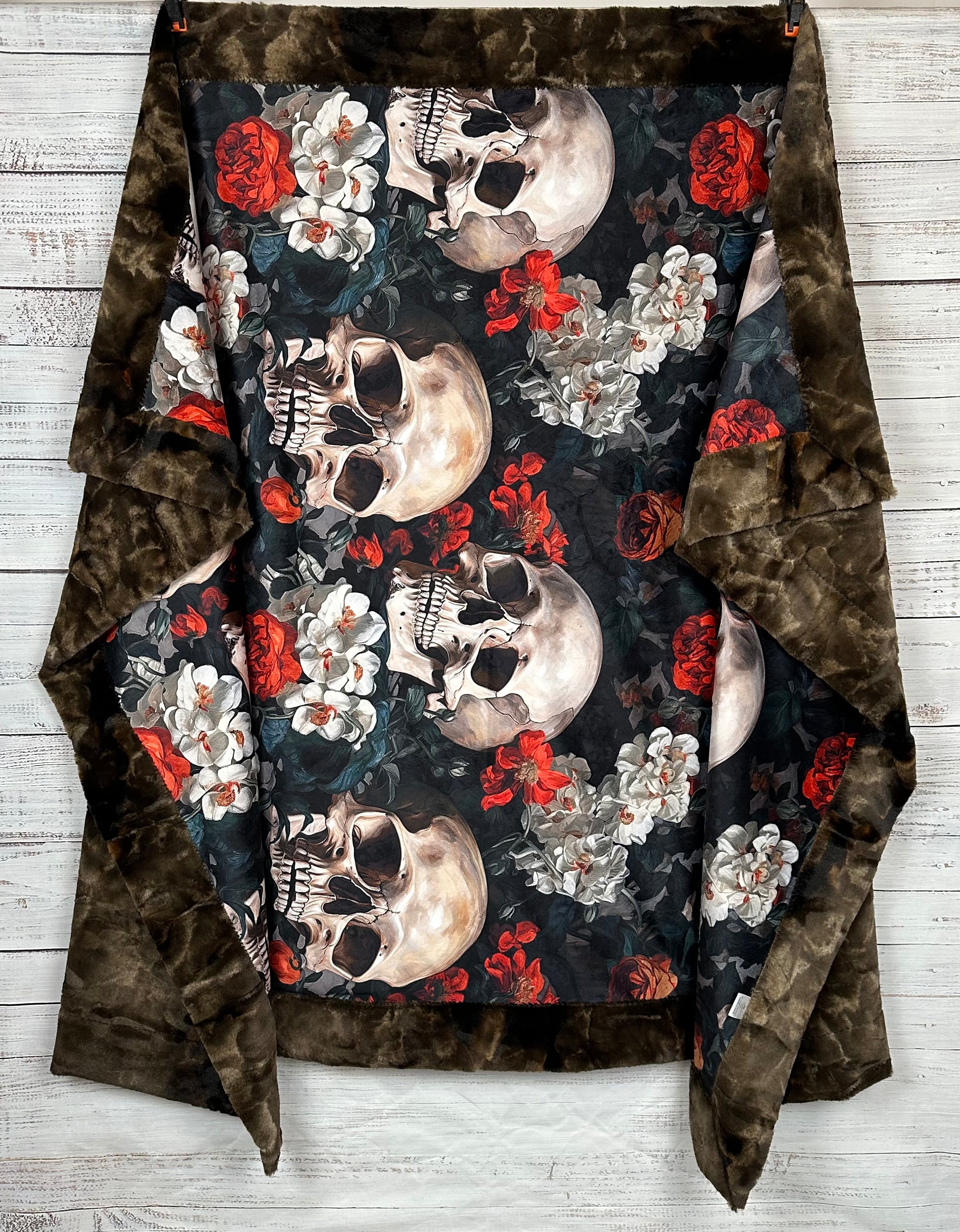 Blooming Skull Garden Design Brown Luxe Large 55x79 Inch Minky Blanket - Soft Cozy Throw for Bed, Couch & Home Decor