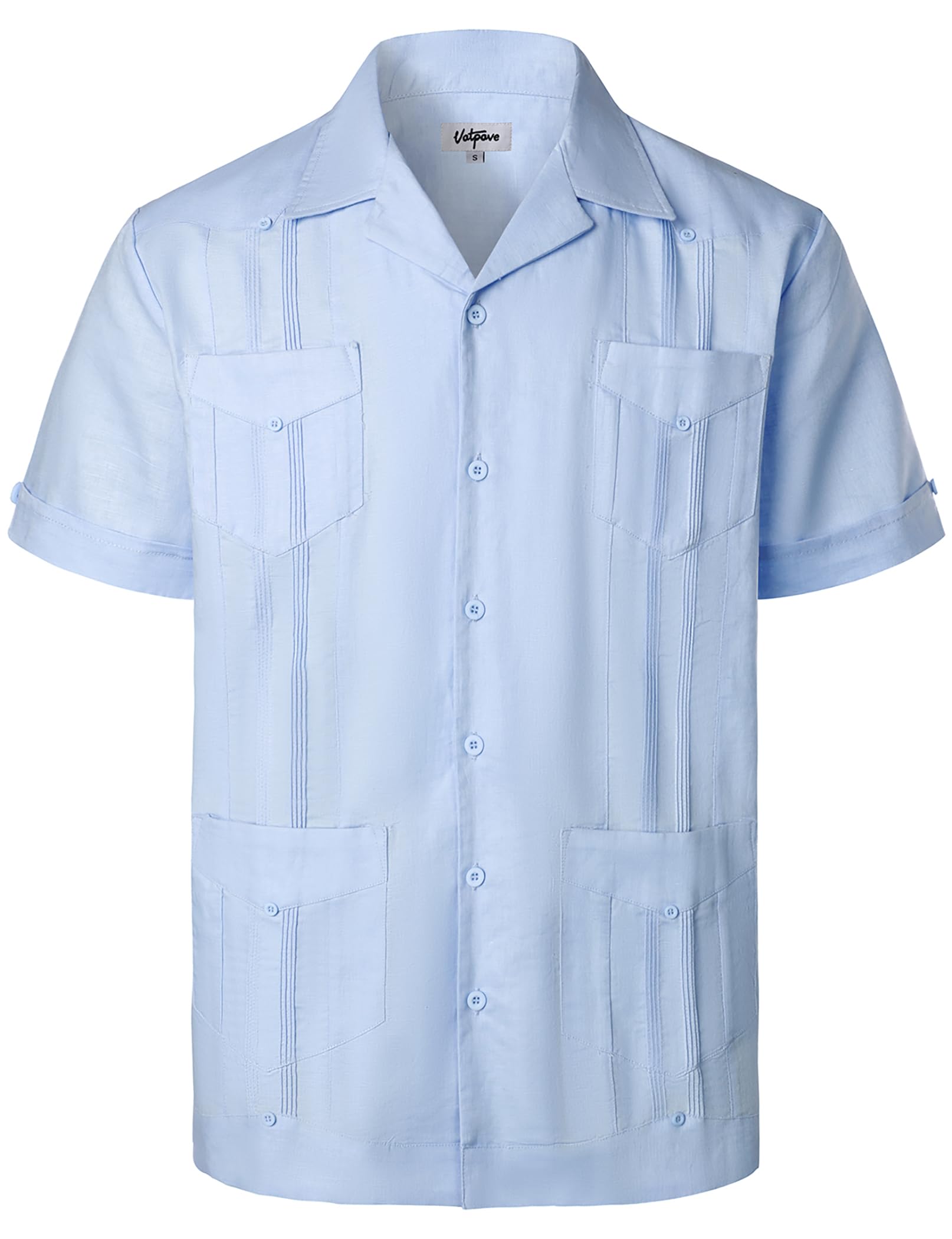 VATPAVE Men's Linen Cuban Guayabera Shirt - Casual Short Sleeve Button Down Shirt for Summer | Breathable & Lightweight | Perfect for Beach Vacations, Tropical Weddings & Casual Outings
